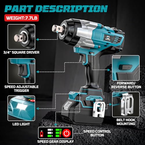 Cordless Impact Wrench 3/4 inch for Makita 18V Battery, 1850ft-lbs (2500N.m) Brushless Electric Impact Gun, High Torque Impact Driver, Bare Tool Only，for Heavy-Duty Automotive &amp; Industrial Tasks