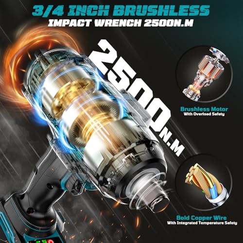 Cordless Impact Wrench 3/4 inch for Makita 18V Battery, 1850ft-lbs (2500N.m) Brushless Electric Impact Gun, High Torque Impact Driver, Bare Tool Only，for Heavy-Duty Automotive &amp; Industrial Tasks