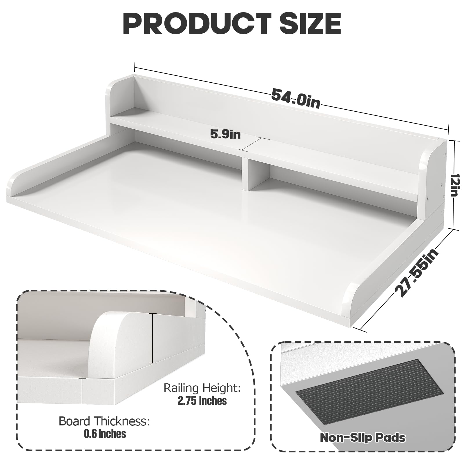 Corbyles 2-Tier Washer Dryer Countertop with 2.75"H Edge Rails, 54" W x 27.55" D Laundry Countertop for Folding Clothes, Washer and Dryer Topper with Non-Slip Pad (White)