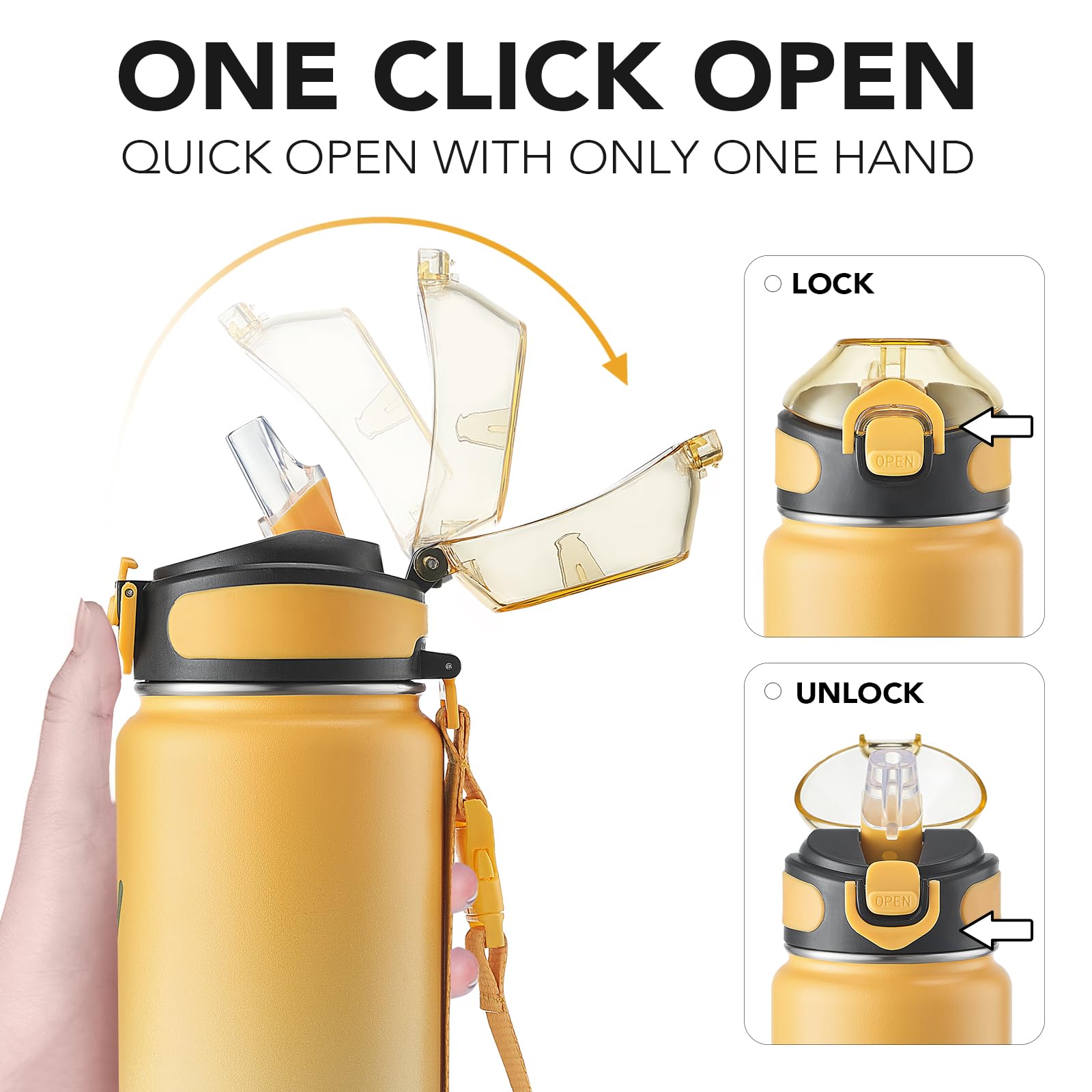 Enerbone Insulated Water Bottle, 32 oz Stainless Steel Water Bottles with Carrying Strap, Double-Wall Vacuum Insulation Thermos, Leakproof Sports Bottle with Straw, Keep Drinks Hot or Cold for Hours