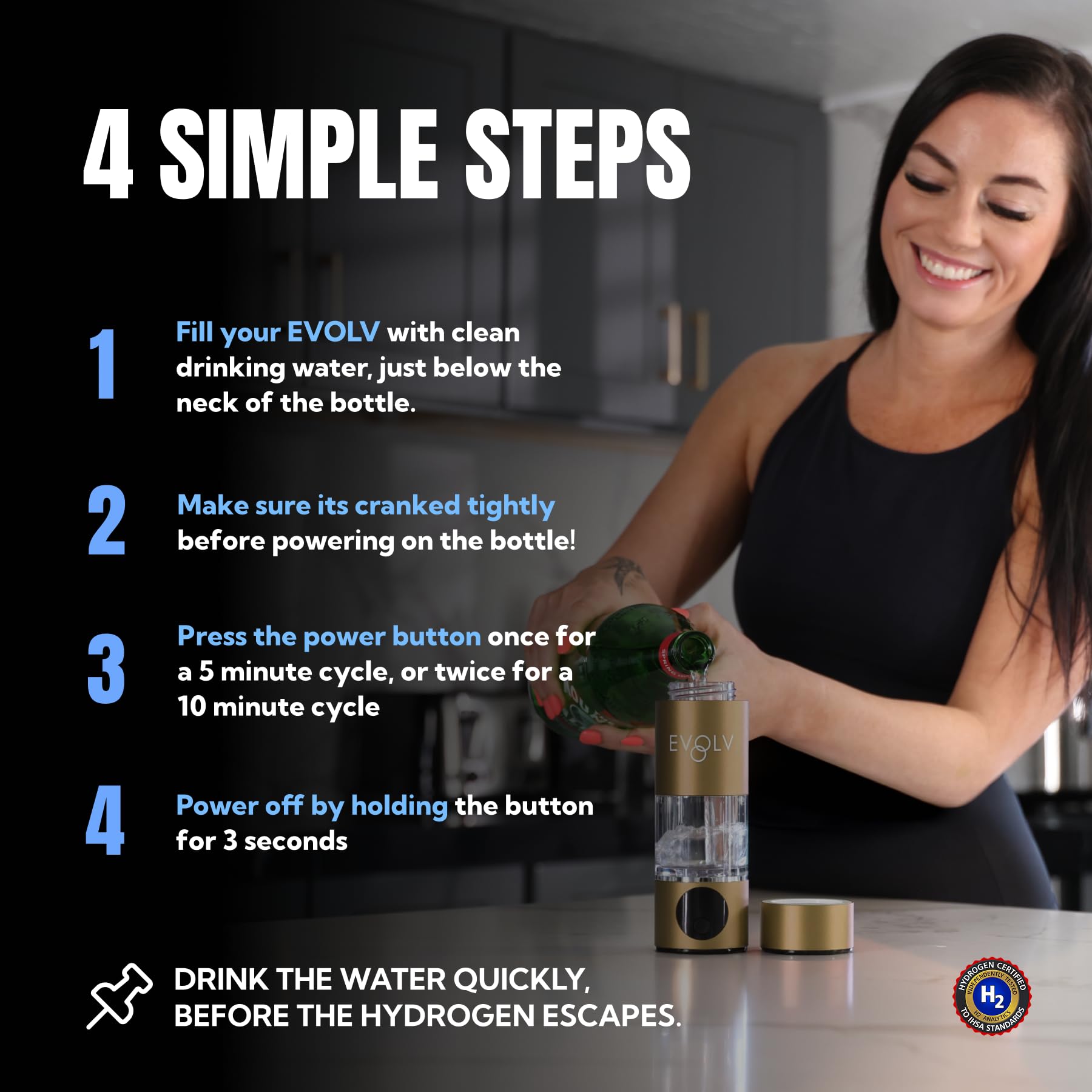 EVOLV Hydrogen Water Bottle Generator – SPE &amp; PEM Water Ionizer 5.42PPM, Highest Concentrated Dose – 8oz Hydrogenated Water Bottle for Improved Energy &amp; Inflammation Support - Easy to Use, Champagne
