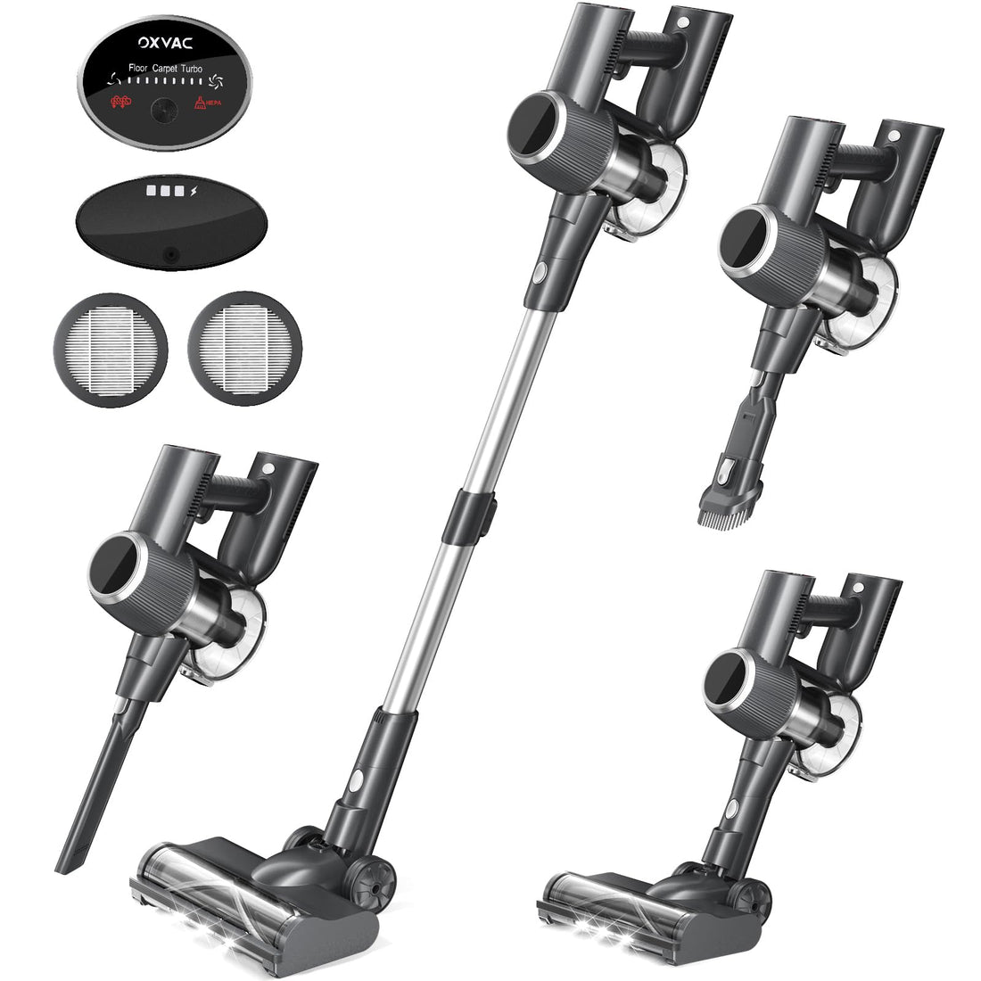 Cordless Vacuum Cleaner, 500W 45KPA 60 Mins Self-Standing Vacuum Cleaners for Home, Anti-tangle Stick Vacuum with Dual LED Screen, Rechargeable Cordless Vacuum for Pet Hair/Carpet/Floor (Deep Gray)