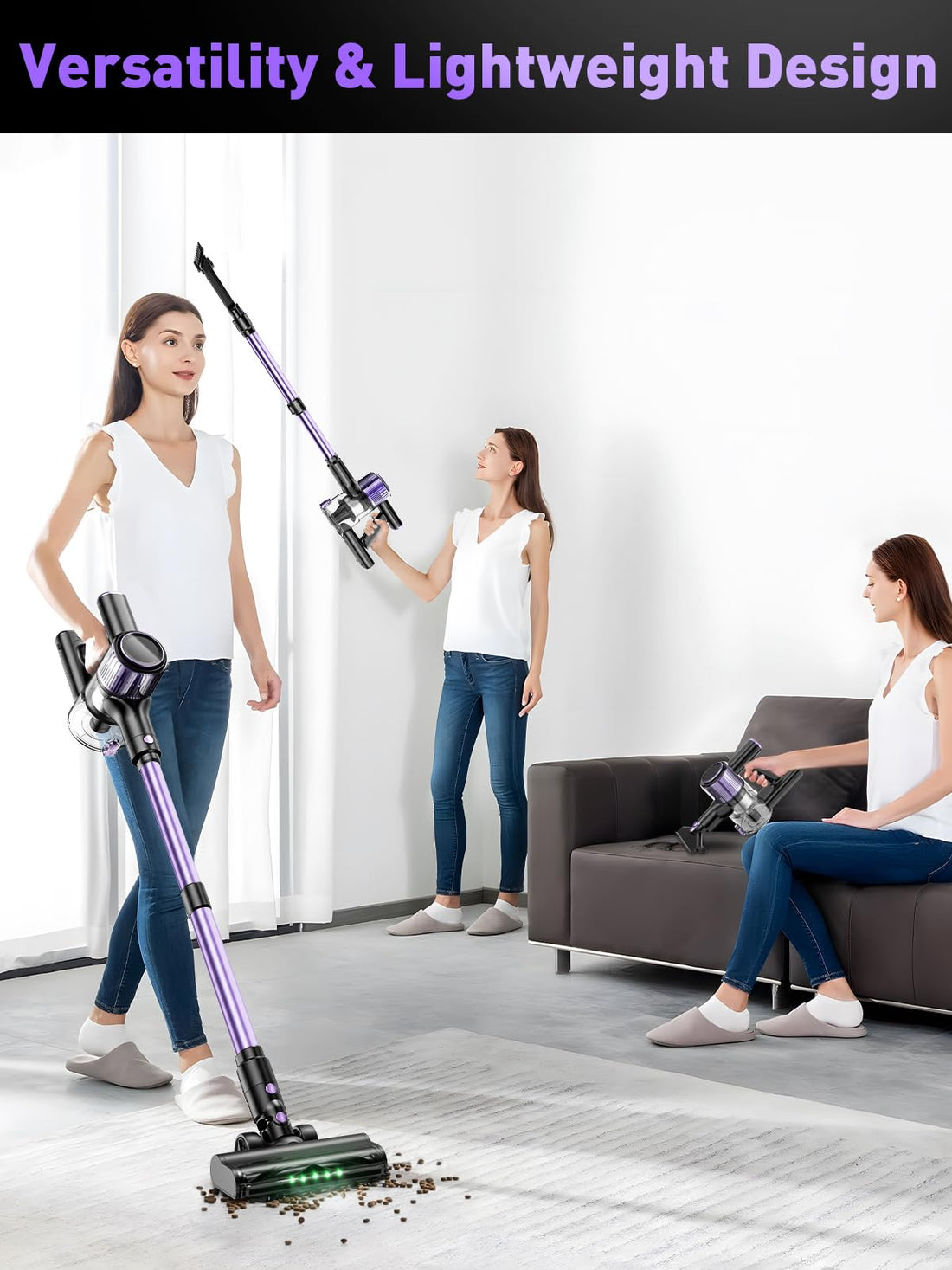 Cordless Vacuum Cleaner, 33Kpa 10-in-1 Stick Vacuum with Extra-Long Hose, Anti-Tangle Brush, Green LED Light, Lightweight Rechargeable Vacuum Cleaner for Home,Hardwood Floors,Carpets,Dryer,Vent
