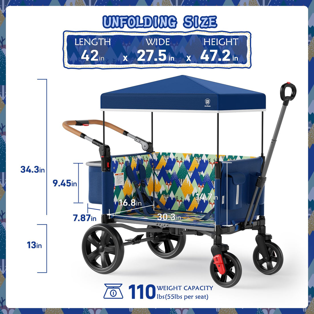 EVER ADVANCED Side-Unzip Wagon Stroller for 2 Kids, Push Pull Stroller with Adjustable Handle, Easy Access Zipper Door, 5-Point Harness, UV-Protection Canopy Shock-Absorbing Wheels, Fox Printing