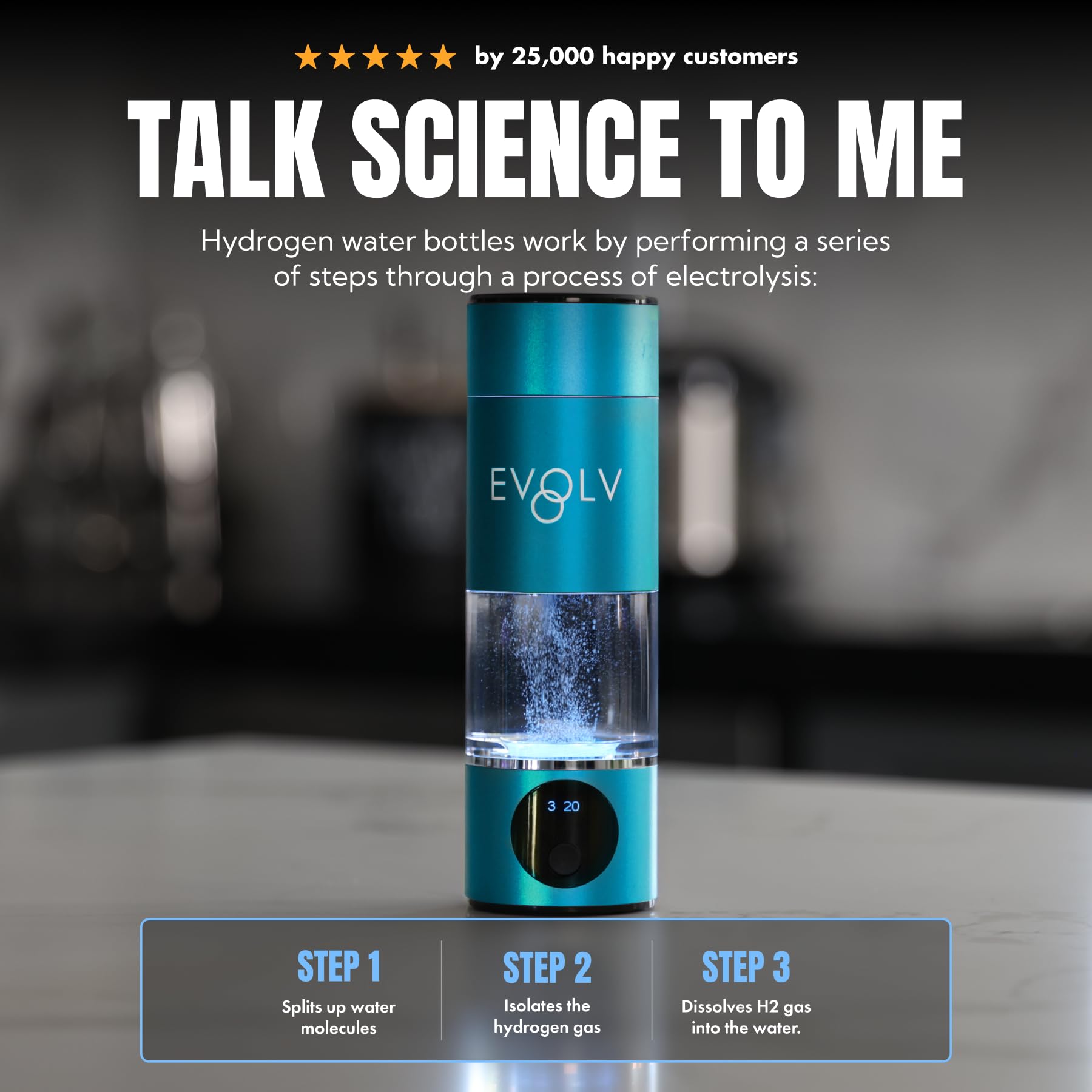 EVOLV Hydrogen Water Bottle Generator – SPE &amp; PEM Water Ionizer 5.42PPM, Highest Concentrated Dose – 8oz Hydrogenated Water Bottle for Improved Energy &amp; Inflammation Support - Easy to Use, Turquoise