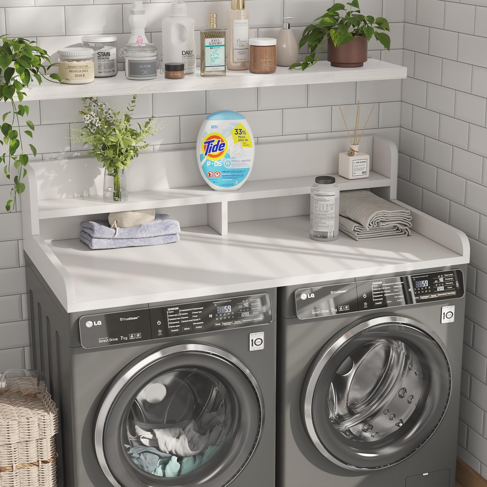 Corbyles 2-Tier Washer Dryer Countertop with 2.75"H Edge Rails, 54" W x 27.55" D Laundry Countertop for Folding Clothes, Washer and Dryer Topper with Non-Slip Pad (White)