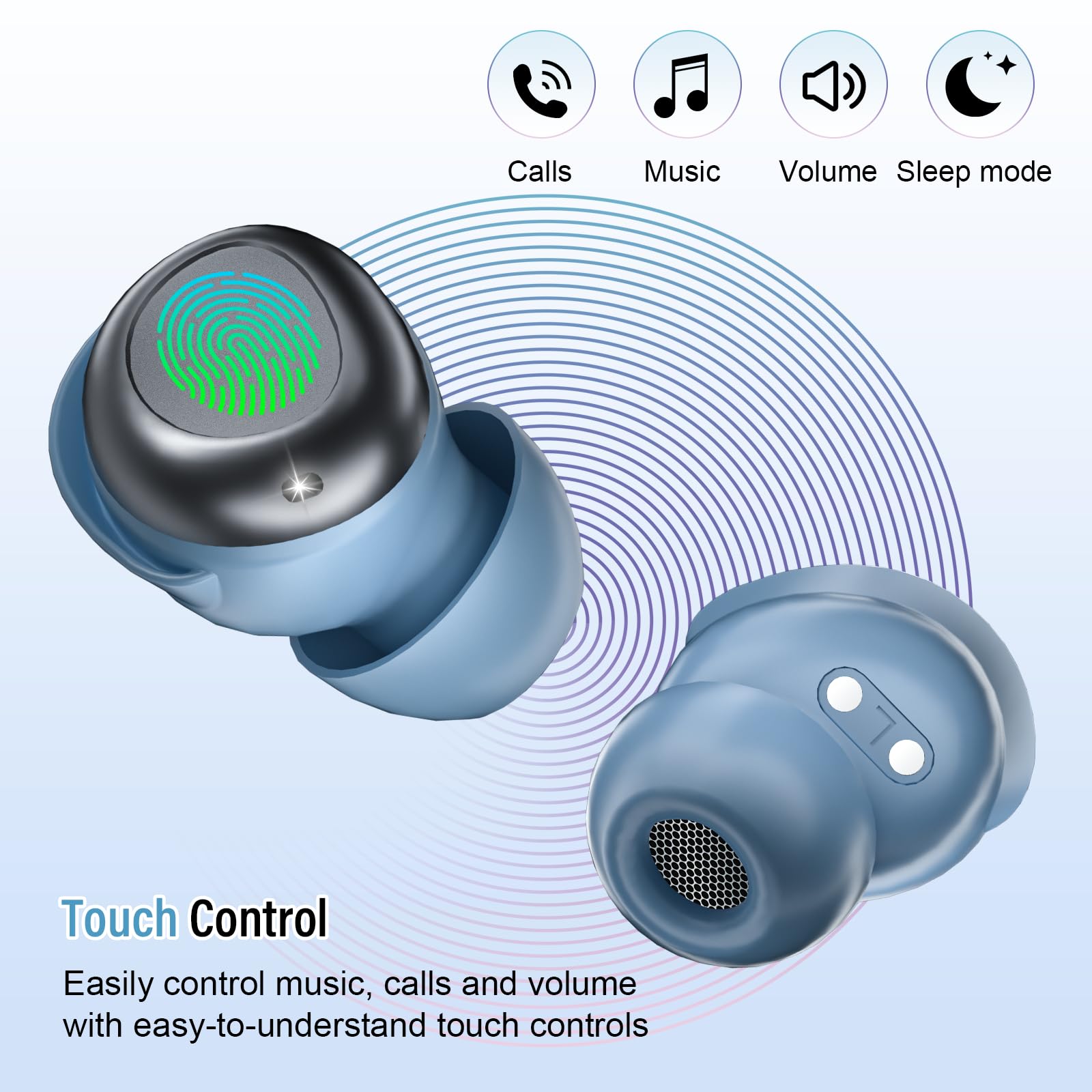 DUSONLAP Sleep Earbuds Bluetooth 5.4 in Ear Light-Weight Headphones, Mini Sleep Headphones Small Design for Side Sleepers, 47H Playtime with Charging Case, Clear Calls Earphones, Gray Blue