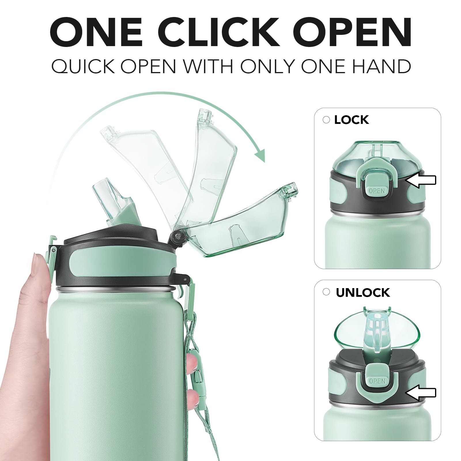 Enerbone Insulated Water Bottle, 32 oz Stainless Steel Water Bottles with Carrying Strap, Double-Wall Vacuum Insulation Thermos, Leakproof Sports Bottle with Straw, Keep Drinks Hot or Cold for Hours