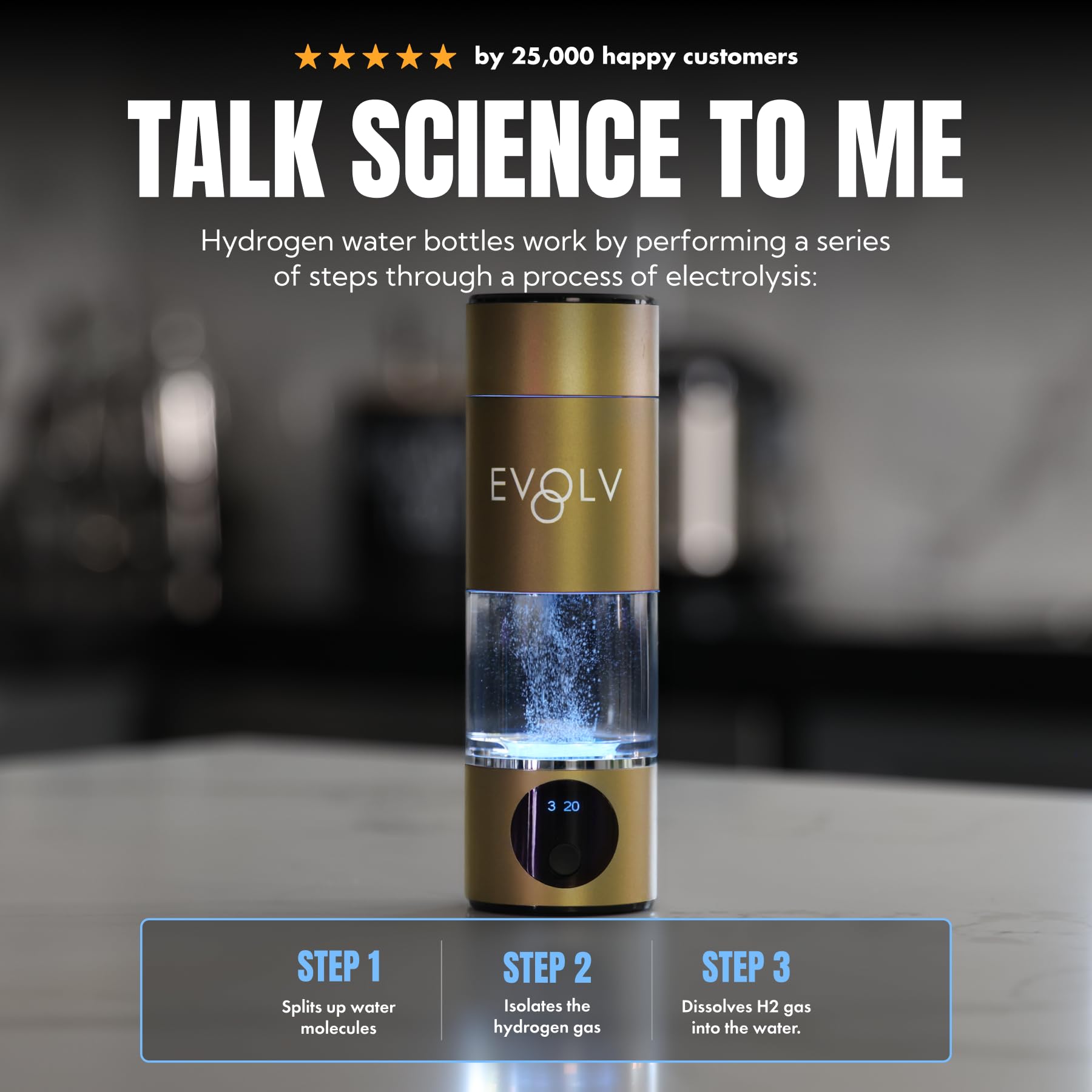 EVOLV Hydrogen Water Bottle Generator – SPE &amp; PEM Water Ionizer 5.42PPM, Highest Concentrated Dose – 8oz Hydrogenated Water Bottle for Improved Energy &amp; Inflammation Support - Easy to Use, Champagne