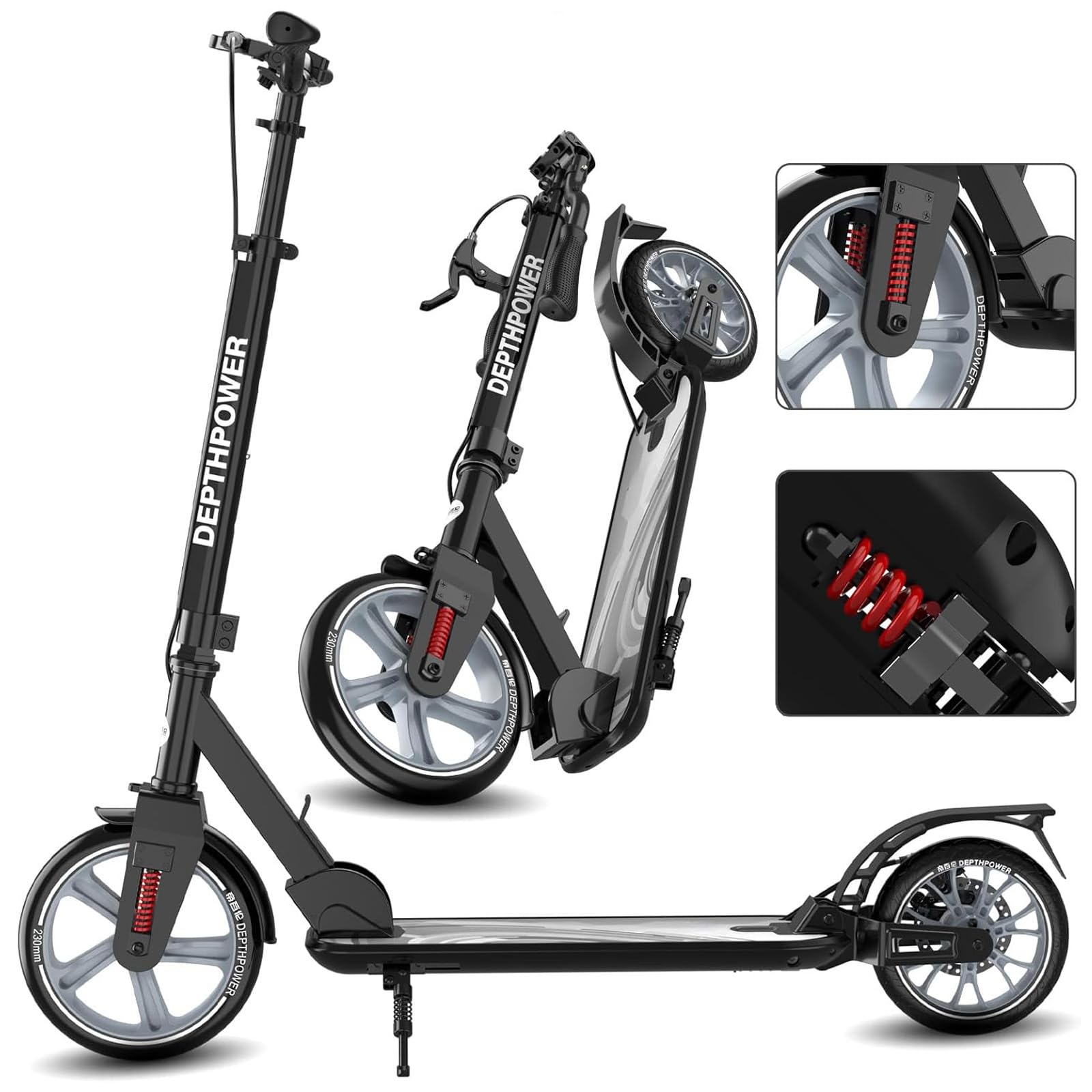 CUIOT Kick Scooter for Ages 6+, Kids, Teens &amp; Adults - Max Load 300 LBS, Foldable 9-inch Big Wheels Scooters with Kickstand, 5 Adjustable Levels &amp; Dual Brakes, Triple Suspension, Steering Limit,B
