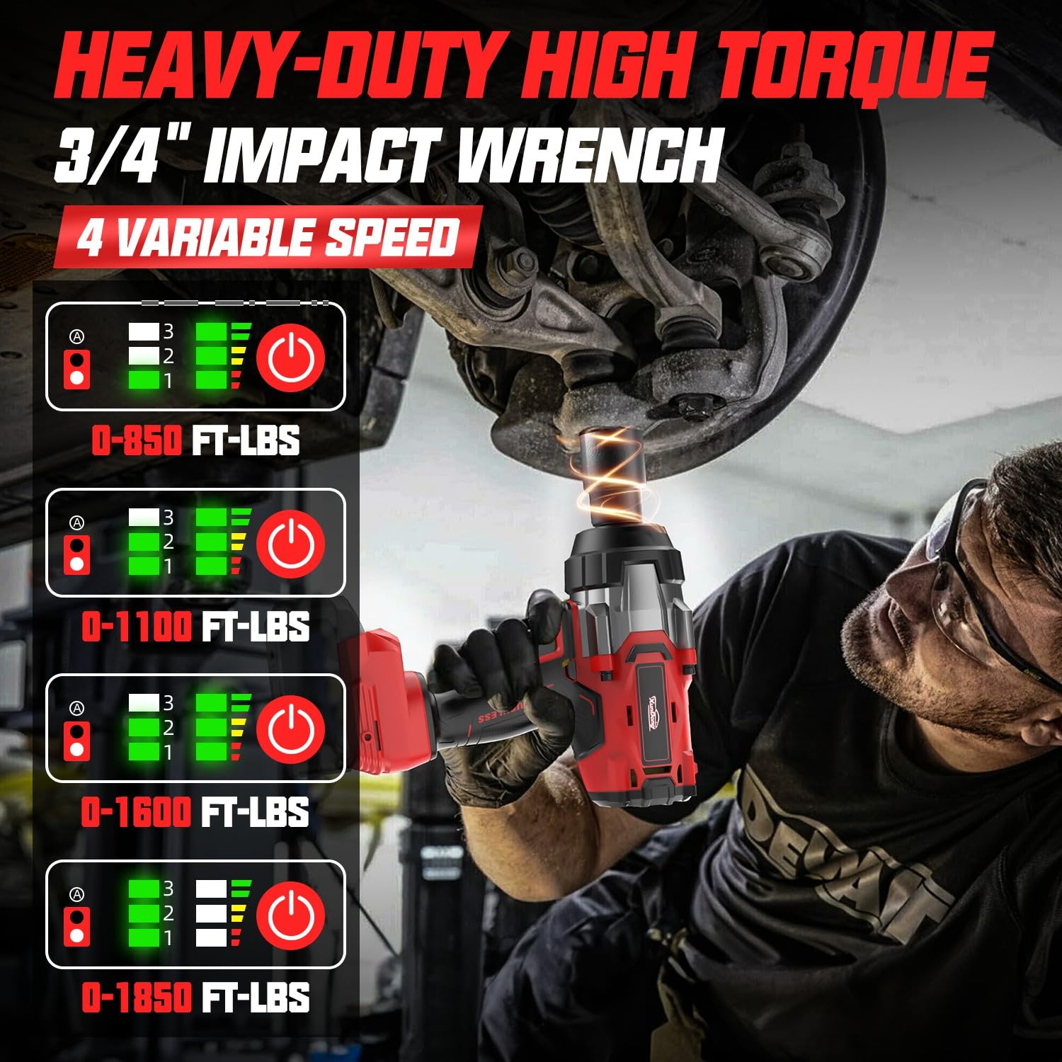 Cordless Impact Wrench 3/4" for Milwaukee 18V Battery, 1850Ft-lbs(2500N.m) High Torque Impact Gun Heavy Duty, Brushless Electric Power Impact Driver with 4 Speed Modes &amp; LED Work Light (No battery)