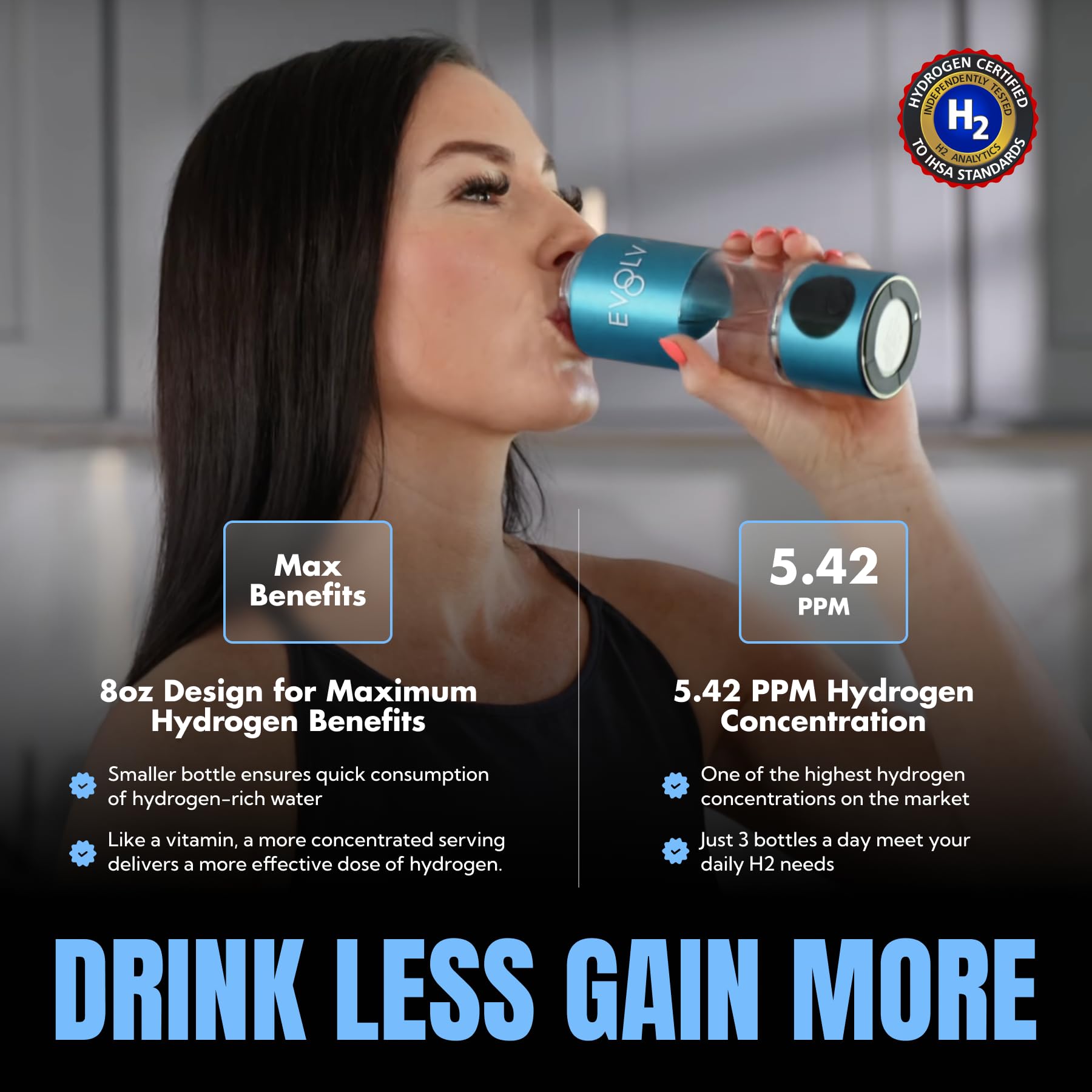 EVOLV Hydrogen Water Bottle Generator – SPE &amp; PEM Water Ionizer 5.42PPM, Highest Concentrated Dose – 8oz Hydrogenated Water Bottle for Improved Energy &amp; Inflammation Support - Easy to Use, Turquoise