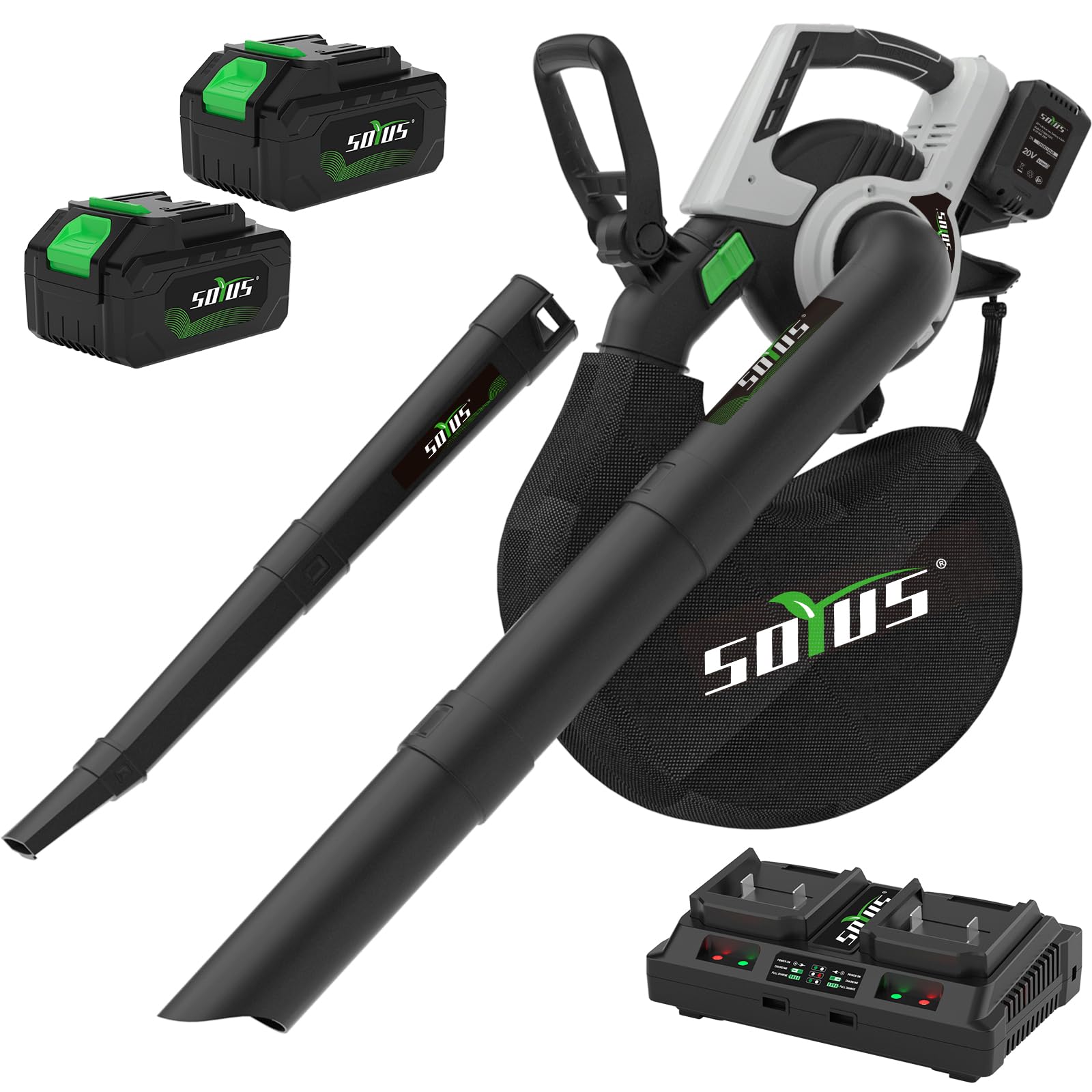 Cordless Leaf Blower&amp;Vacuum SOYUS 3in1 Leaf Vacuum Mulcher 40V 360CFM 5 Speeds Brushless Battery Operated Leaf Blower for Lawn Care with 45L Bag (2 x 4.0Ah Battery and Charger Included)