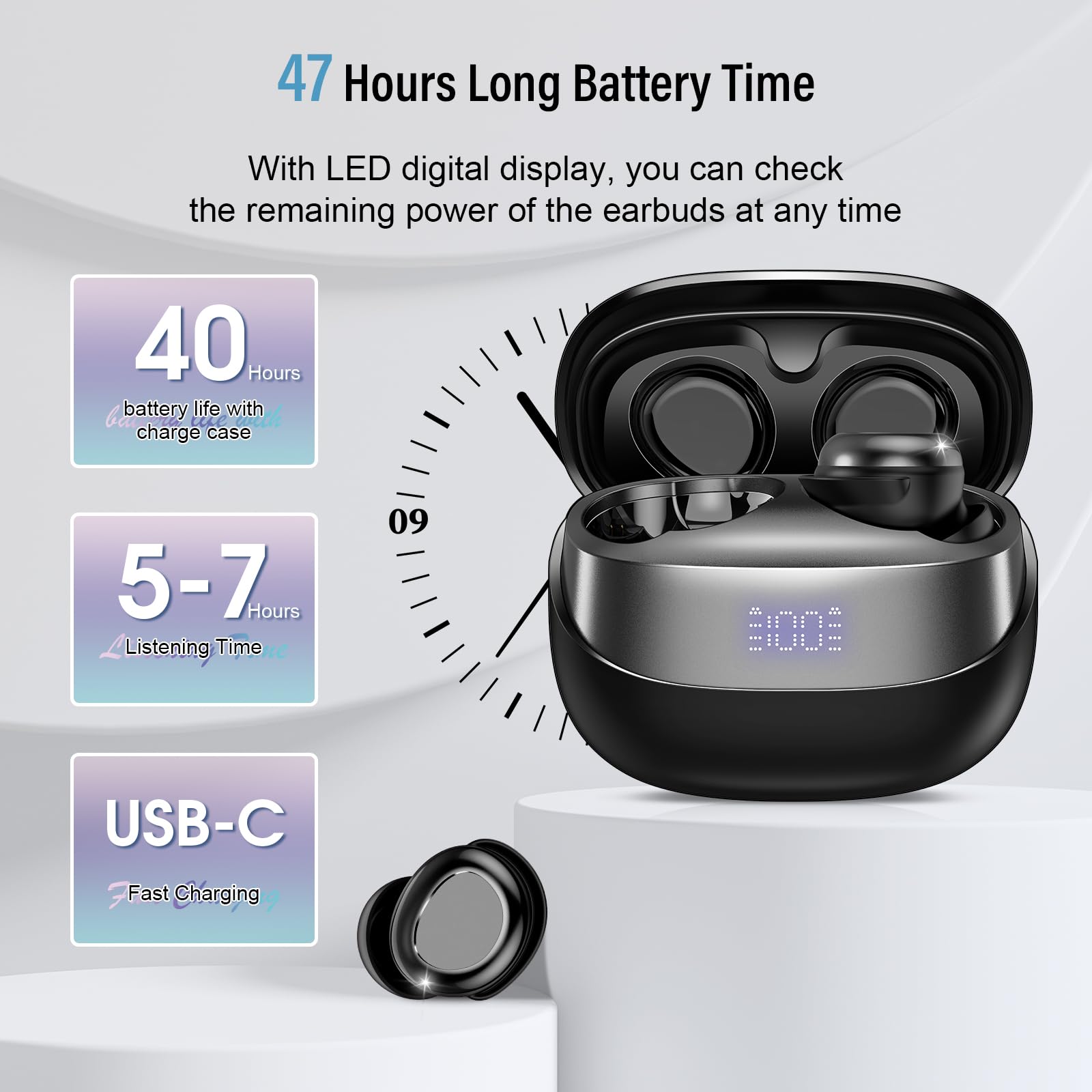 DUSONLAP Sleep Earbuds Bluetooth 5.4 in Ear Light-Weight Headphones, Mini Sleep Headphones Small Design for Side Sleepers, 47H Playtime with Charging Case, Clear Calls Earphones, Mysterious Black