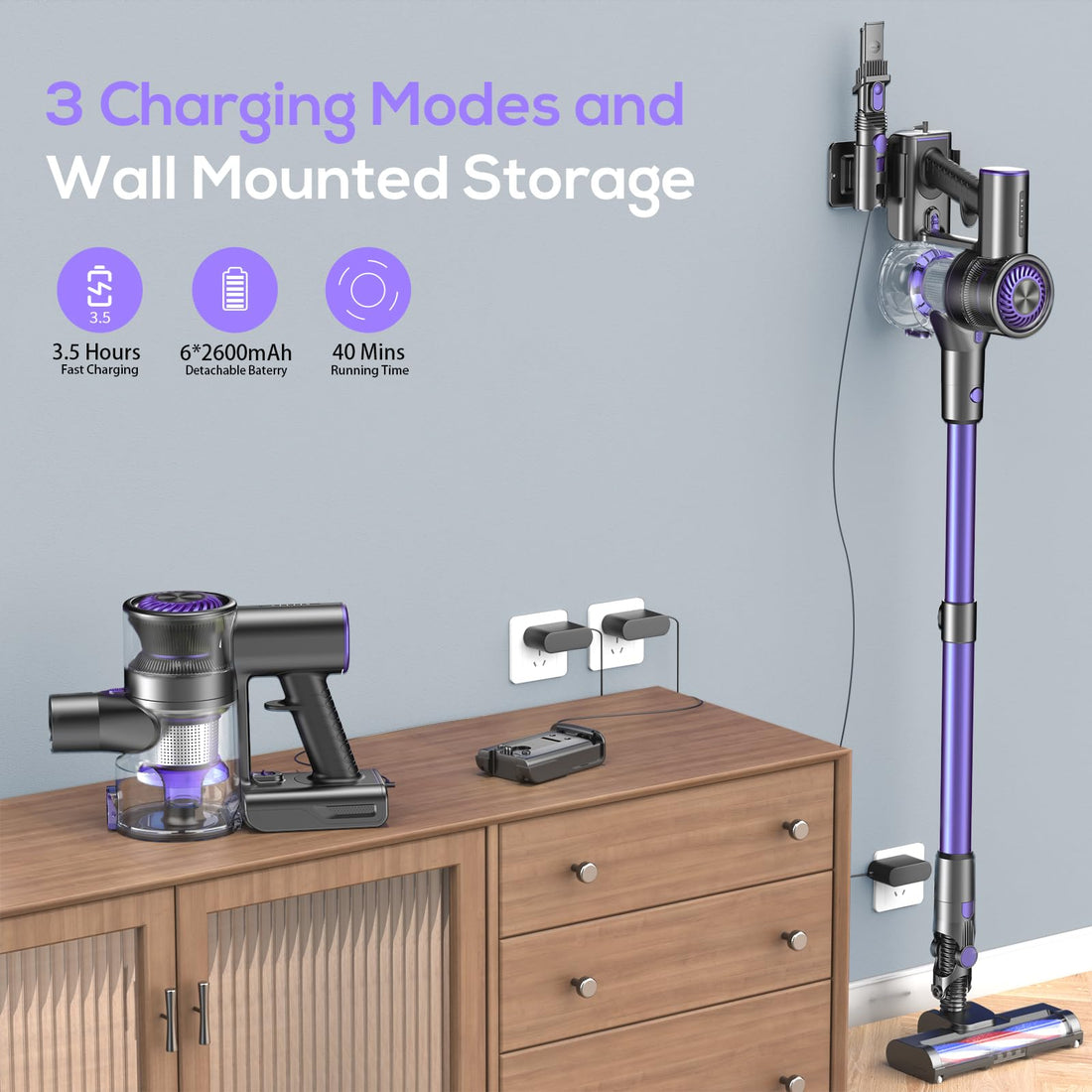 Cordless Vacuum Cleaner, 80000 RPM High-Speed Brushless Motor Powerful Vacuum Cleaners for Home, Up to 40 Mins Runtime, Stick Vacuum with 4* LED &amp; Rechargeable 2600 mAh Battery