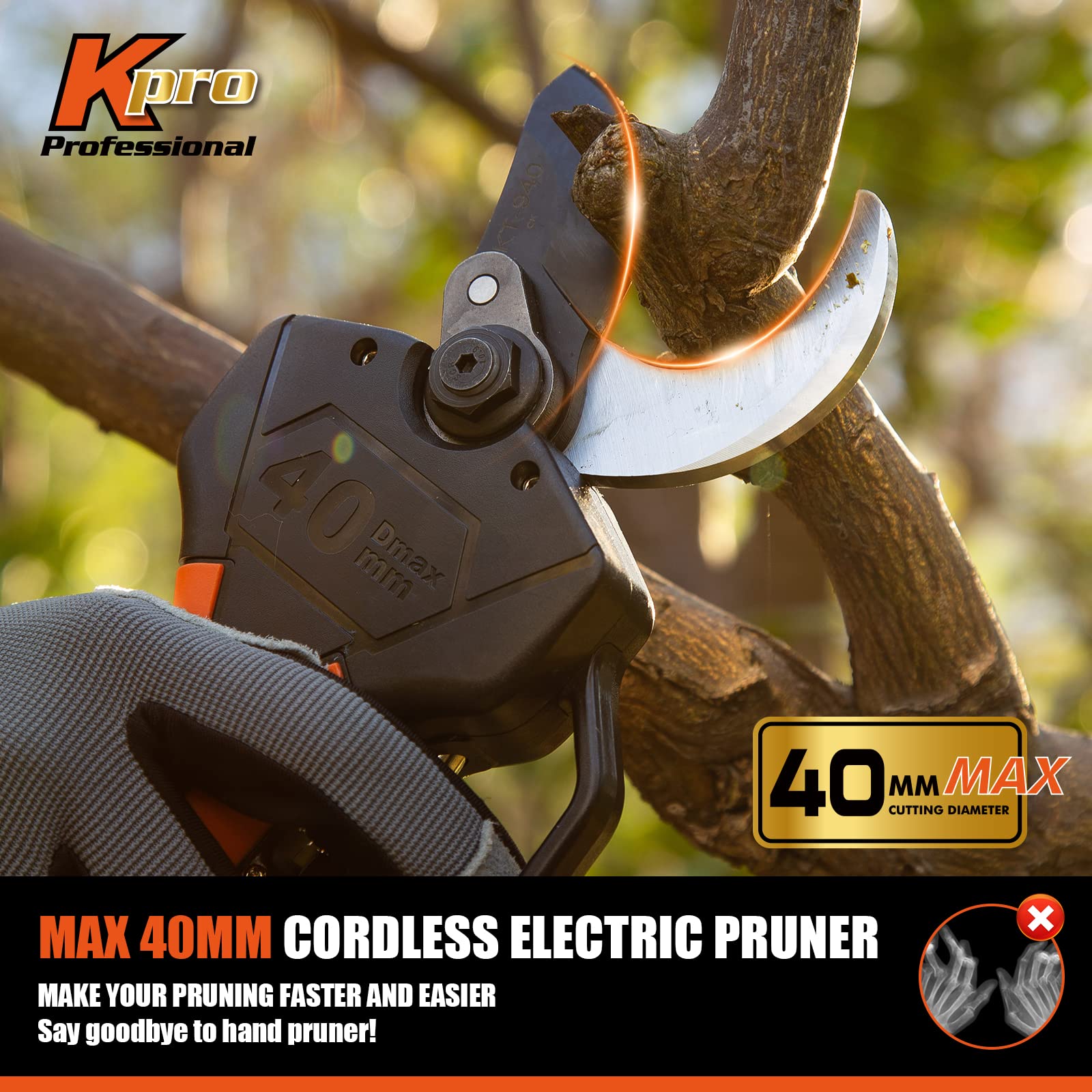Cordless Electric Pruning Shears 40MM, Kebtek Professional Pruning Shears Battery Powered 18V Brushless Motor 2Pack 2AH Rechargeable Battery-LCD Display Screen (KT940)