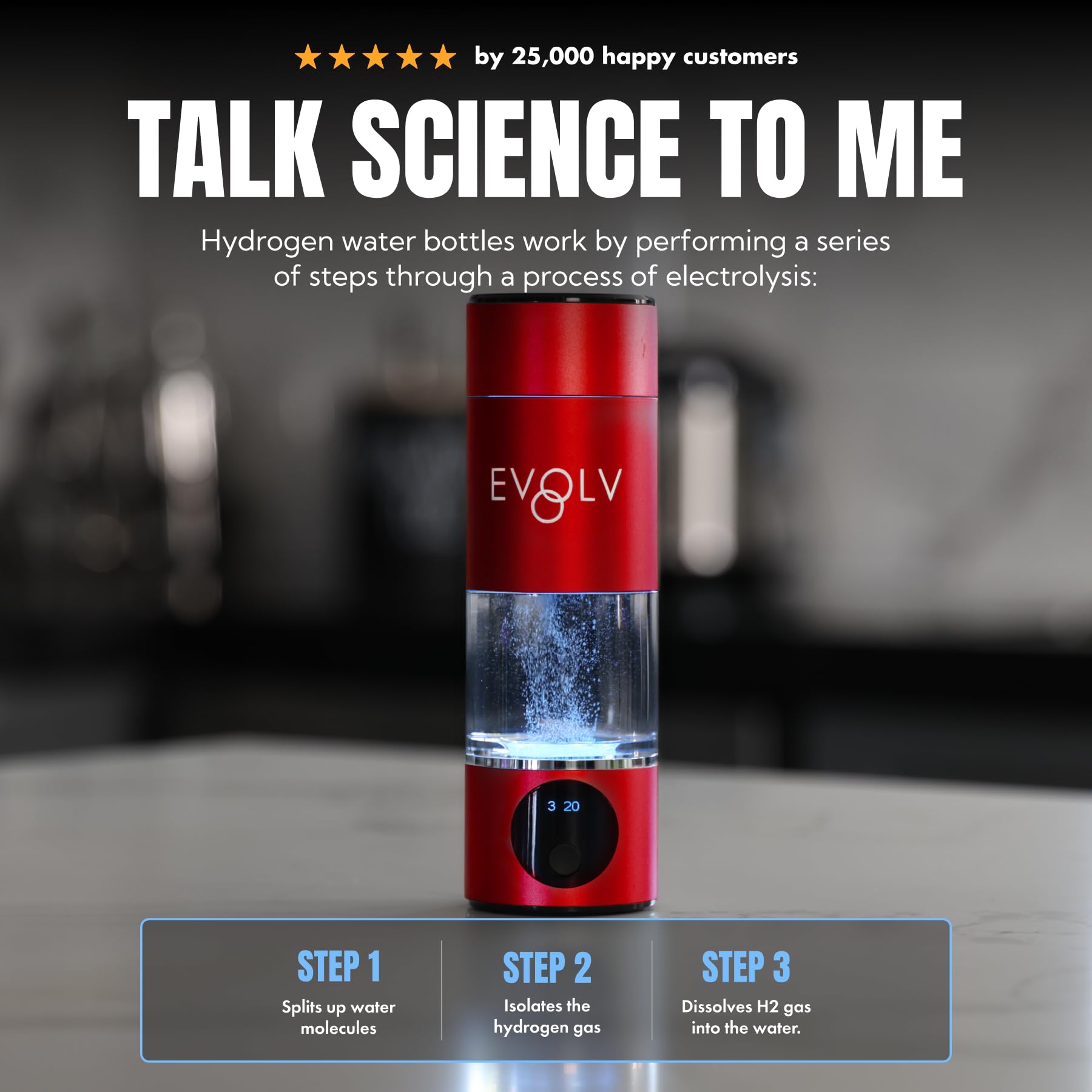 EVOLV Hydrogen Water Bottle Generator – 5.42PPM SPE/PEM Water Ionizer for High Hydrogen Concentration – Portable Hydrogenated Water Bottle for Energy &amp; Inflammation Support– 8oz Bottle, Crimson