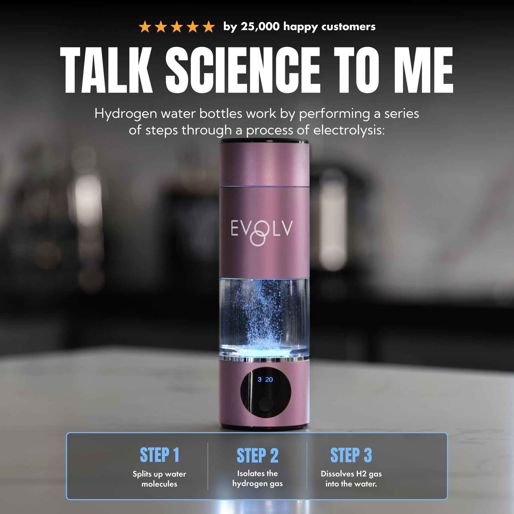 EVOLV Hydrogen Water Bottle Generator – SPE &amp; PEM Water Ionizer 5.42PPM, Highest Concentrated Dose – 8oz Hydrogenated Water Bottle for Improved Energy &amp; Inflammation Support - Easy to Use, Rose