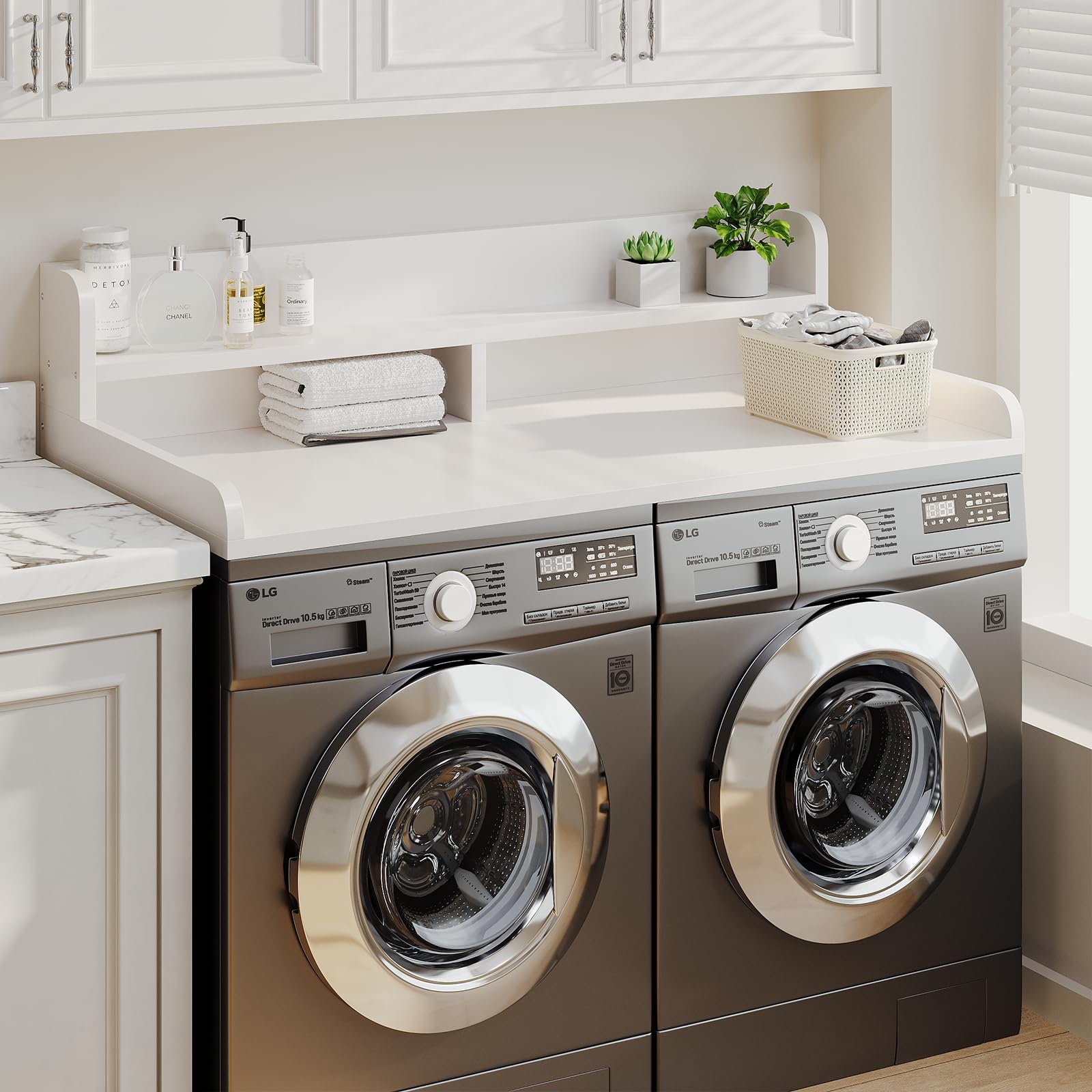 Corbyles 2-Tier Washer Dryer Countertop with 2.75"H Edge Rails, 54" W x 27.55" D Laundry Countertop for Folding Clothes, Washer and Dryer Topper with Non-Slip Pad (White)