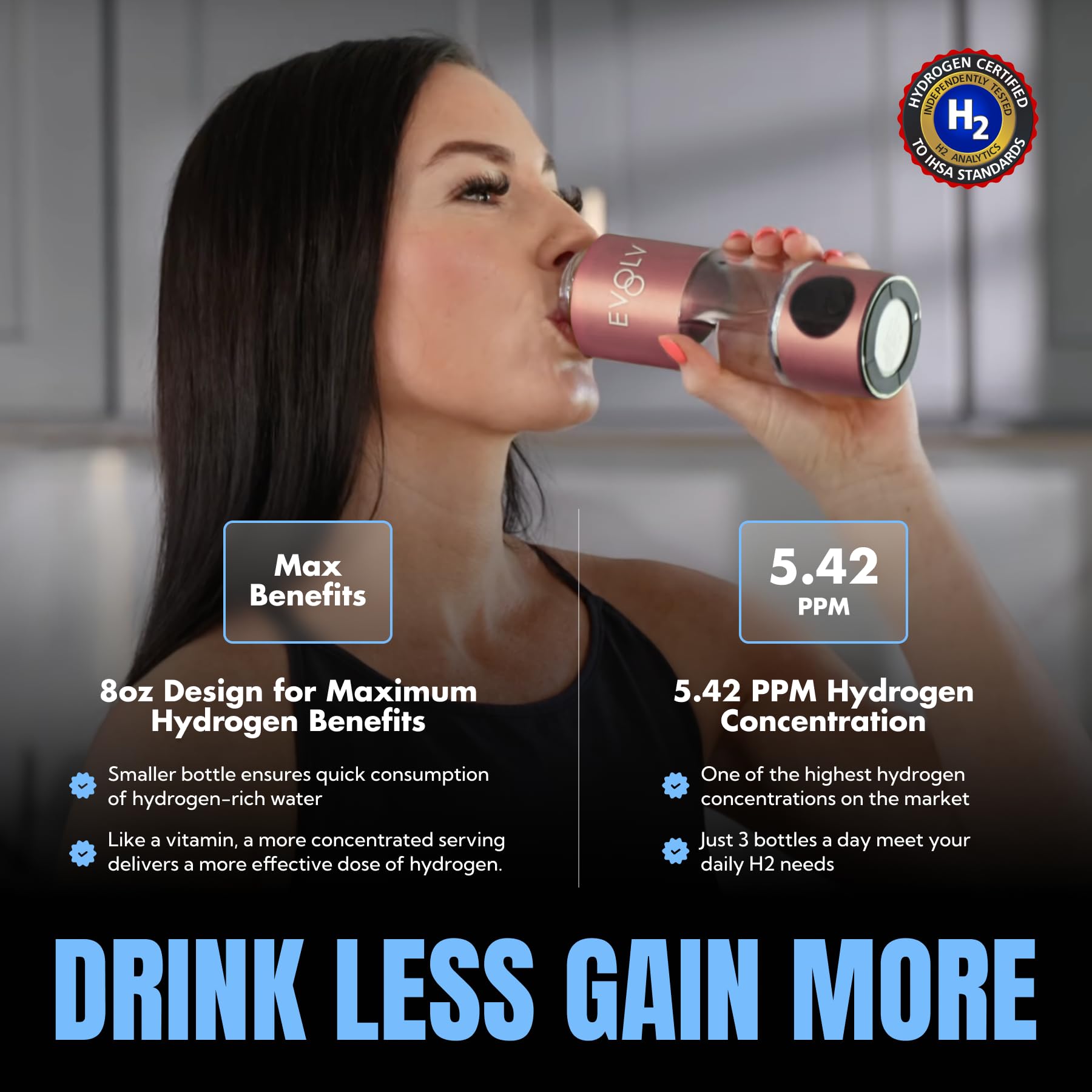 EVOLV Hydrogen Water Bottle Generator – SPE &amp; PEM Water Ionizer 5.42PPM, Highest Concentrated Dose – 8oz Hydrogenated Water Bottle for Improved Energy &amp; Inflammation Support - Easy to Use, Rose