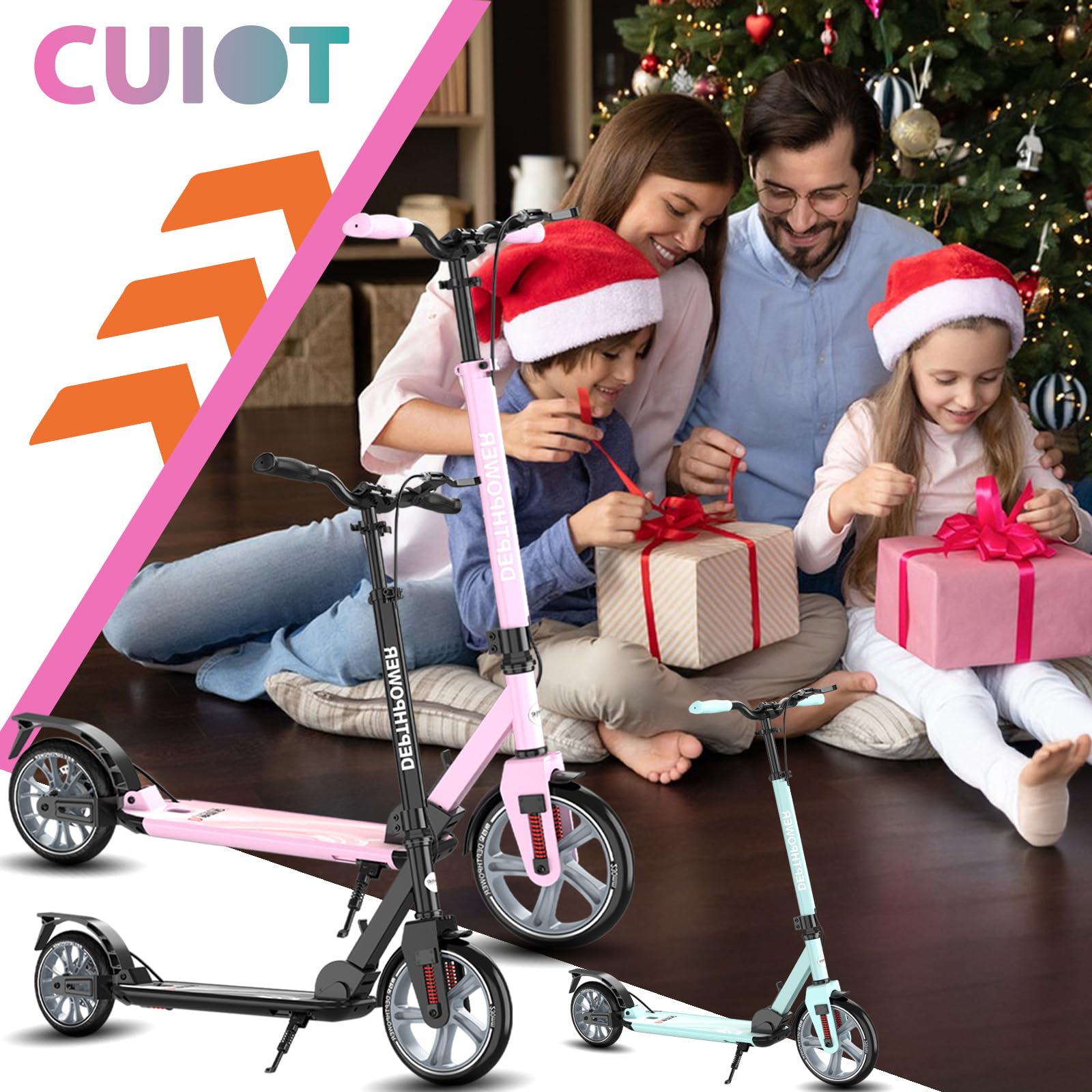 CUIOT Kick Scooter for Ages 6+, Kids, Teens &amp; Adults - Max Load 300 LBS, Foldable 9-inch Big Wheels Scooters with Kickstand, 5 Adjustable Levels &amp; Dual Brakes, Triple Suspension, Steering Limit,B