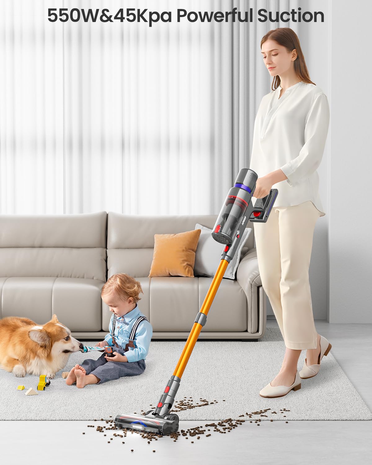 Cordless Vacuum Cleaner, 45Kpa 550W 65Mins Vacuum Cleaners for Home, Stick Vacuum with LED Touch Screen, Anti-tangle Wireless Vacuum, Rechargeable Cordless Vacuum for Pet Hair, Carpet, Hardwood Floor