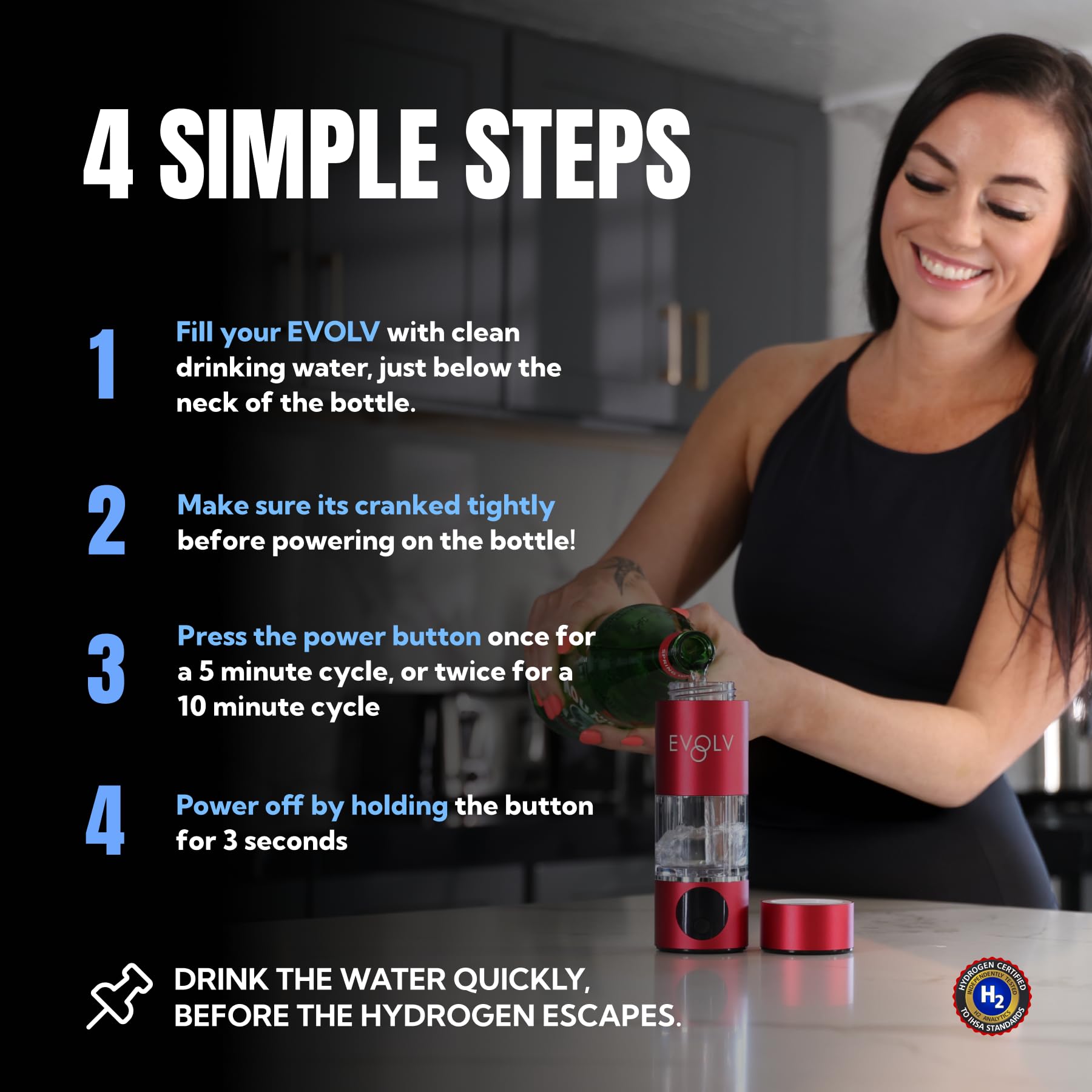 EVOLV Hydrogen Water Bottle Generator – 5.42PPM SPE/PEM Water Ionizer for High Hydrogen Concentration – Portable Hydrogenated Water Bottle for Energy &amp; Inflammation Support– 8oz Bottle, Crimson