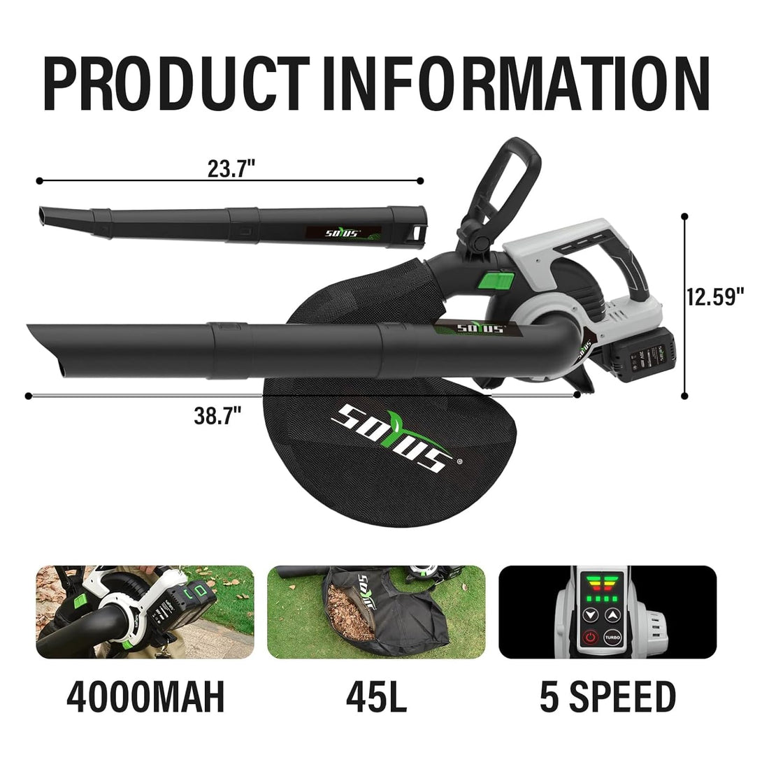 Cordless Leaf Blower&amp;Vacuum SOYUS 3in1 Leaf Vacuum Mulcher 40V 360CFM 5 Speeds Brushless Battery Operated Leaf Blower for Lawn Care with 45L Bag (2 x 4.0Ah Battery and Charger Included)