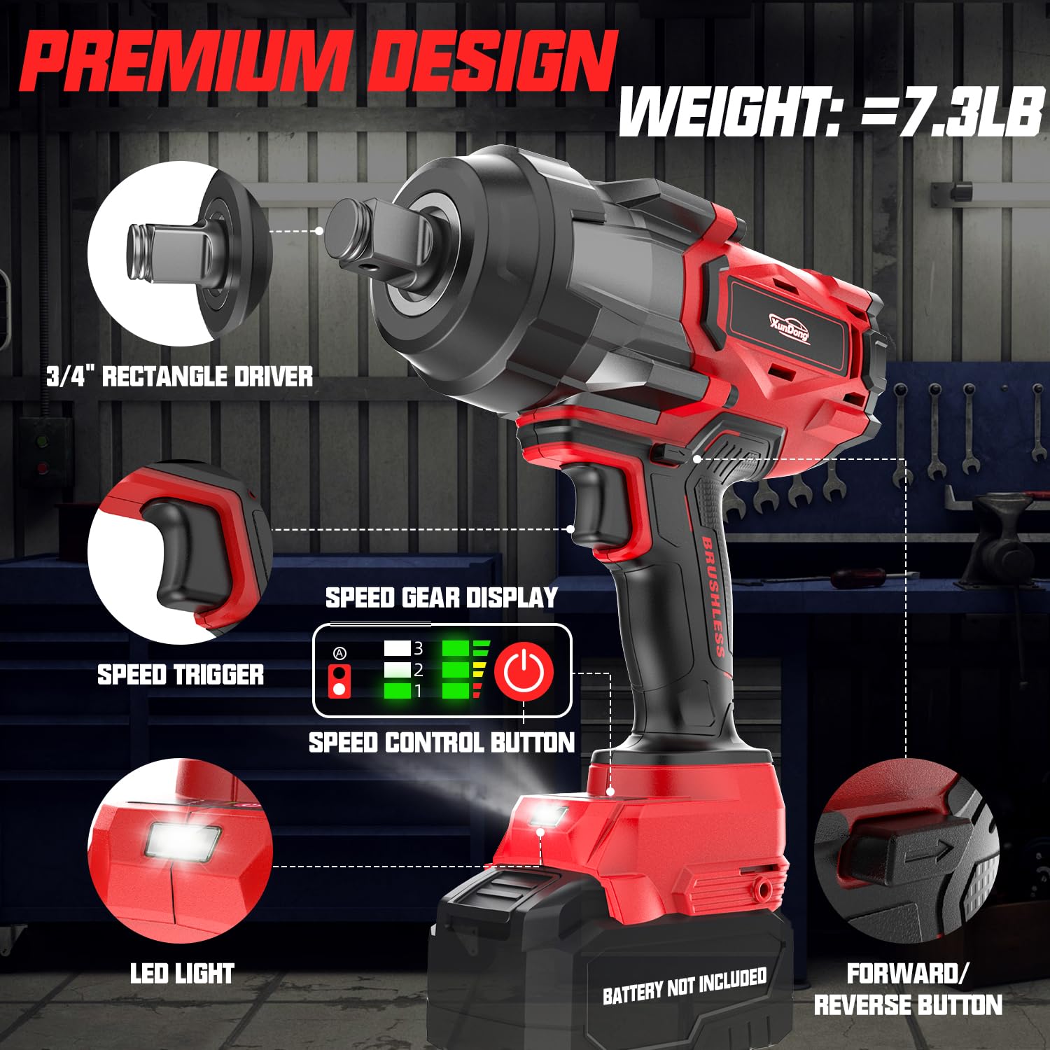 Cordless Impact Wrench 3/4" for Milwaukee 18V Battery, 1850Ft-lbs(2500N.m) High Torque Impact Gun Heavy Duty, Brushless Electric Power Impact Driver with 4 Speed Modes &amp; LED Work Light (No battery)