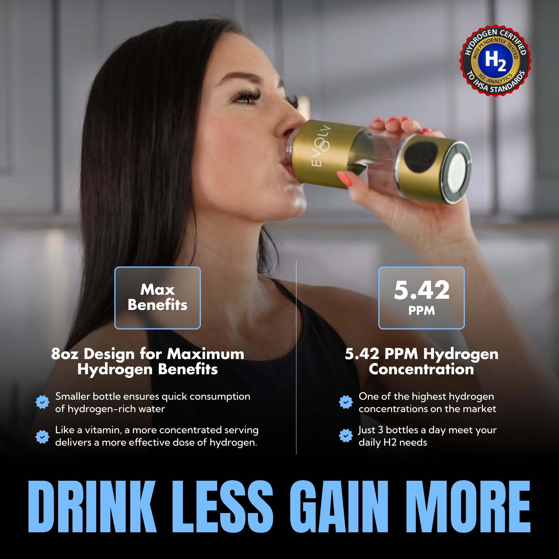 EVOLV Hydrogen Water Bottle Generator – SPE &amp; PEM Water Ionizer 5.42PPM, Highest Concentrated Dose – 8oz Hydrogenated Water Bottle for Improved Energy &amp; Inflammation Support - Easy to Use, Champagne