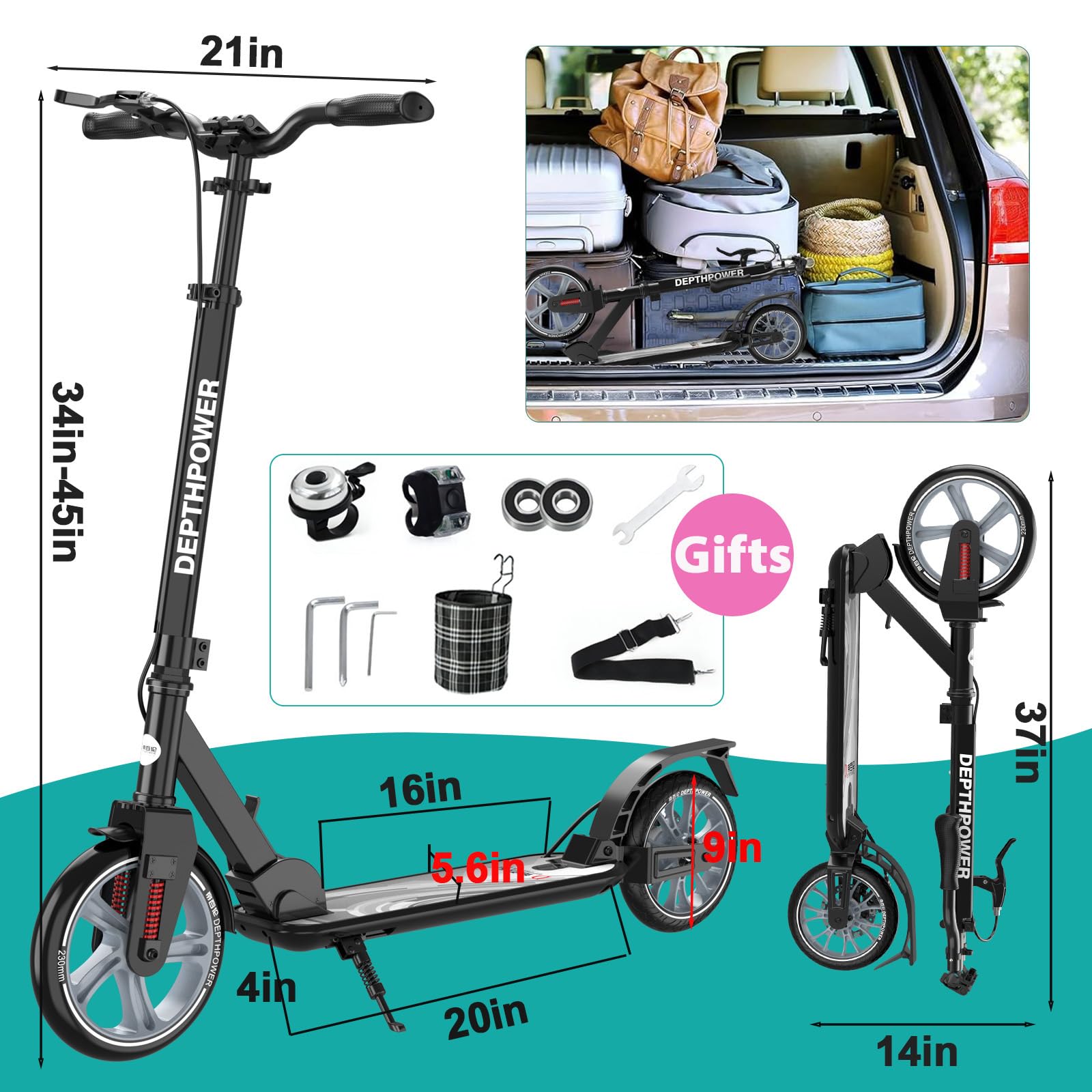 CUIOT Kick Scooter for Ages 6+, Kids, Teens &amp; Adults - Max Load 300 LBS, Foldable 9-inch Big Wheels Scooters with Kickstand, 5 Adjustable Levels &amp; Dual Brakes, Triple Suspension, Steering Limit,B