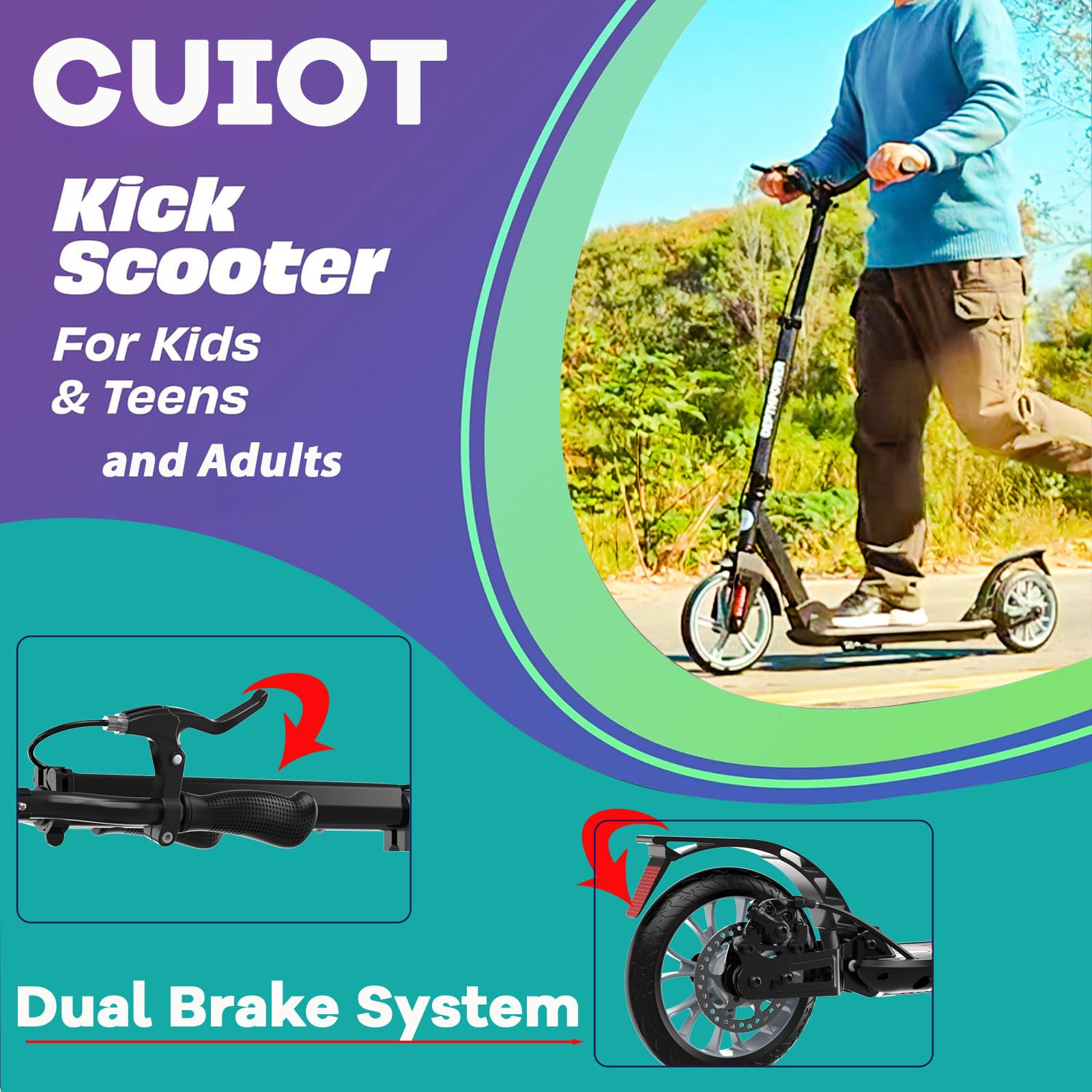 CUIOT Kick Scooter for Ages 6+, Kids, Teens &amp; Adults - Max Load 300 LBS, Foldable 9-inch Big Wheels Scooters with Kickstand, 5 Adjustable Levels &amp; Dual Brakes, Triple Suspension, Steering Limit,B