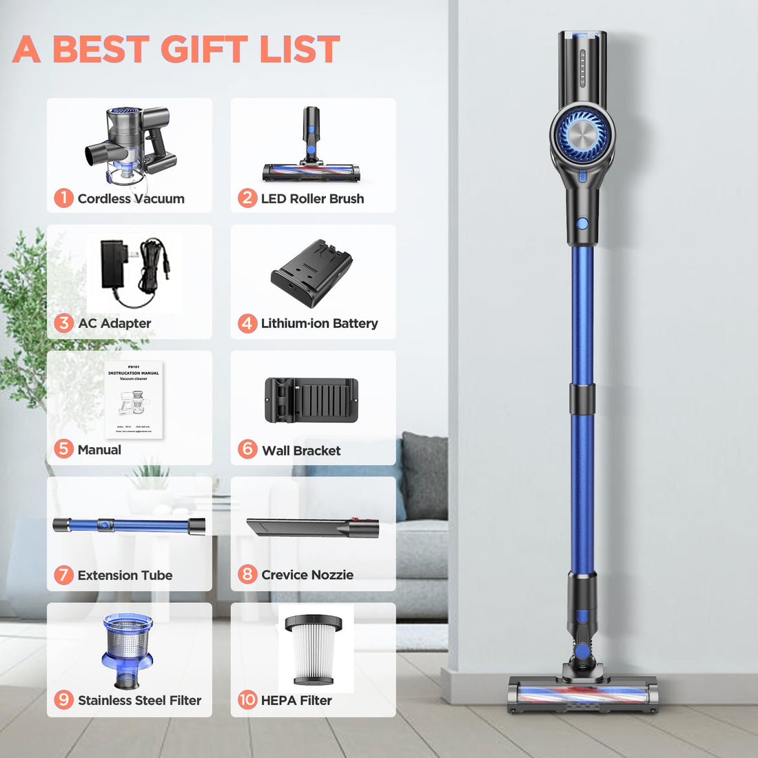 Cordless Vacuum Cleaner for Home, Stick Vacuum Cleaner with 80000 RPM Brushless Motor, 2600mAh Rechargeable Batteries, 2 Adjustable Suction, Anti-Tangle, Lightweight Handheld Vacuum for Hard Floor