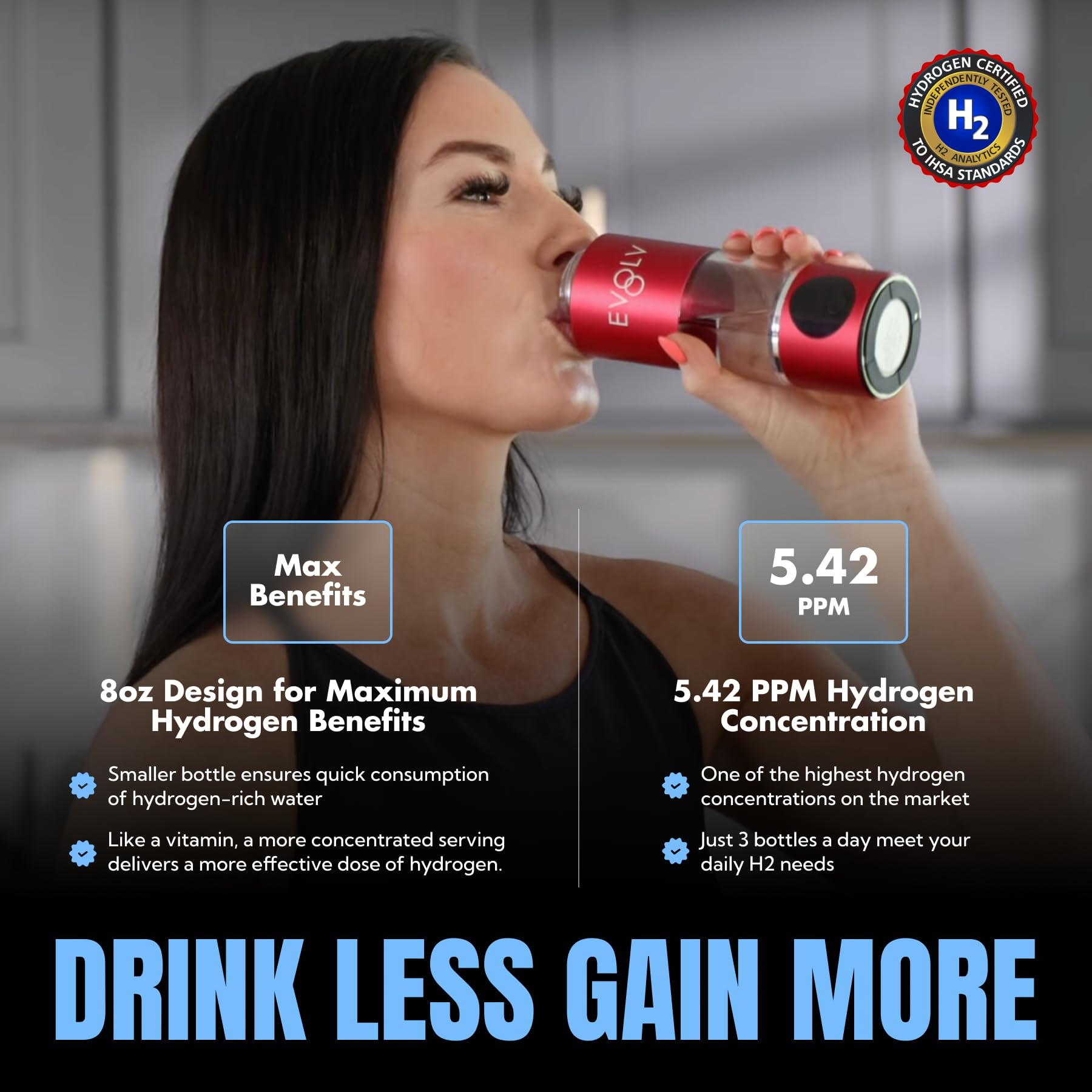 EVOLV Hydrogen Water Bottle Generator – 5.42PPM SPE/PEM Water Ionizer for High Hydrogen Concentration – Portable Hydrogenated Water Bottle for Energy &amp; Inflammation Support– 8oz Bottle, Crimson