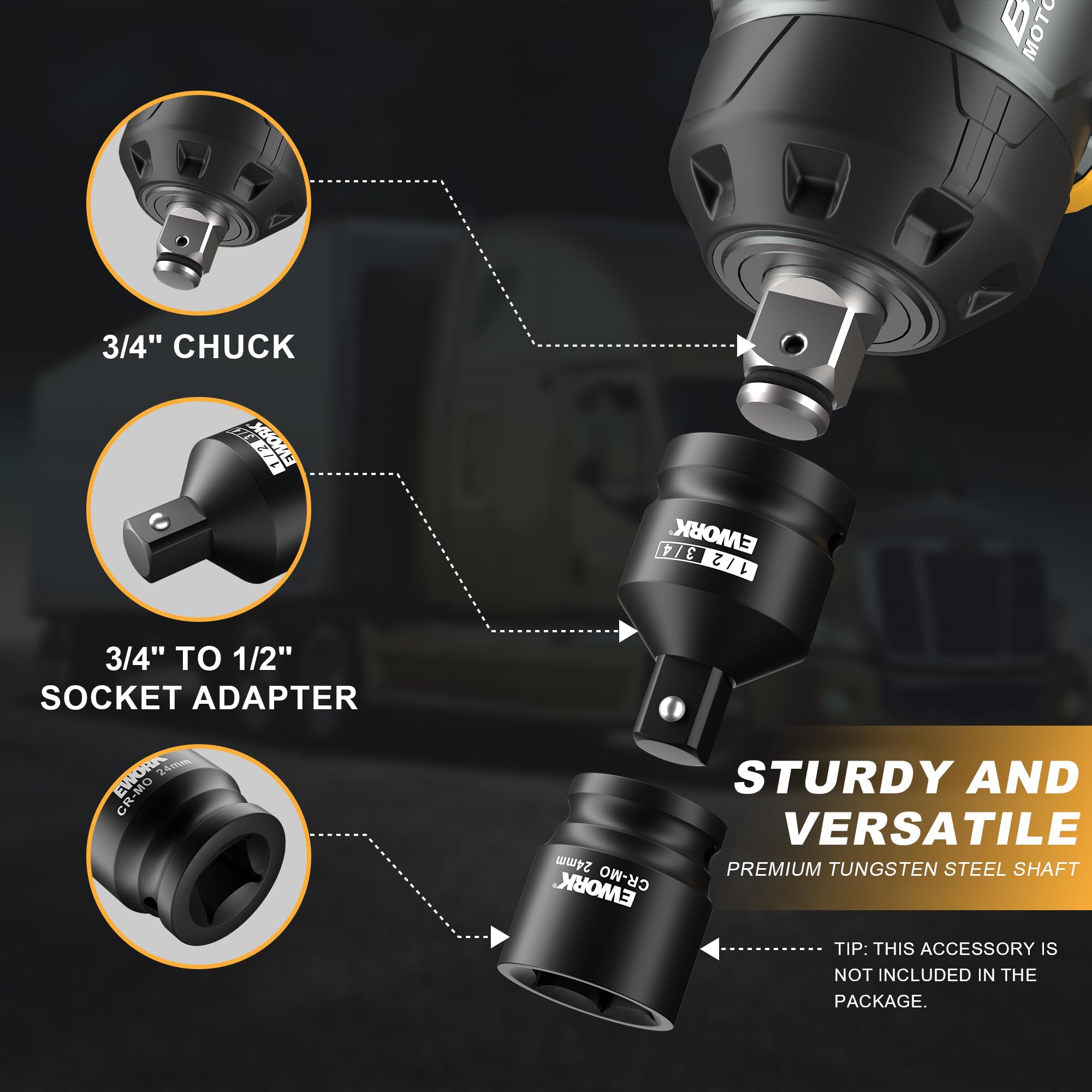 EWORK 3/4 Cordless Impact Wrench Max 1500 Ft-lbs 21V Brushless High Torque 3/4 Impact Gun with 6.0Ah Li-ion Battery, Fast Charger, 3/4" to 1/2 Inch Socket Adapter, Tool Bag (RB-819)