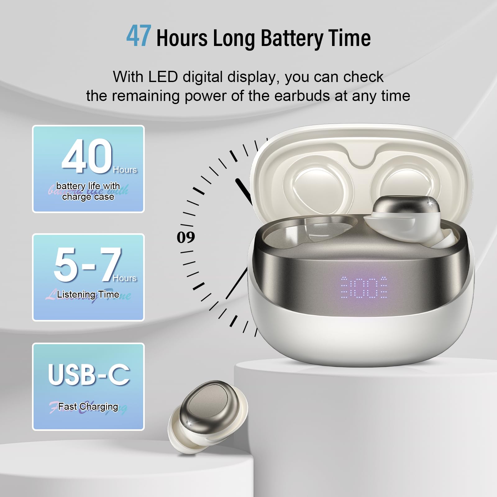 DUSONLAP Sleep Earbuds Bluetooth 5.4 in Ear Light-Weight Headphones, Mini Sleep Headphones Small Design for Side Sleepers, 47H Playtime with Charging Case, Clear Calls Earphones, Warm White