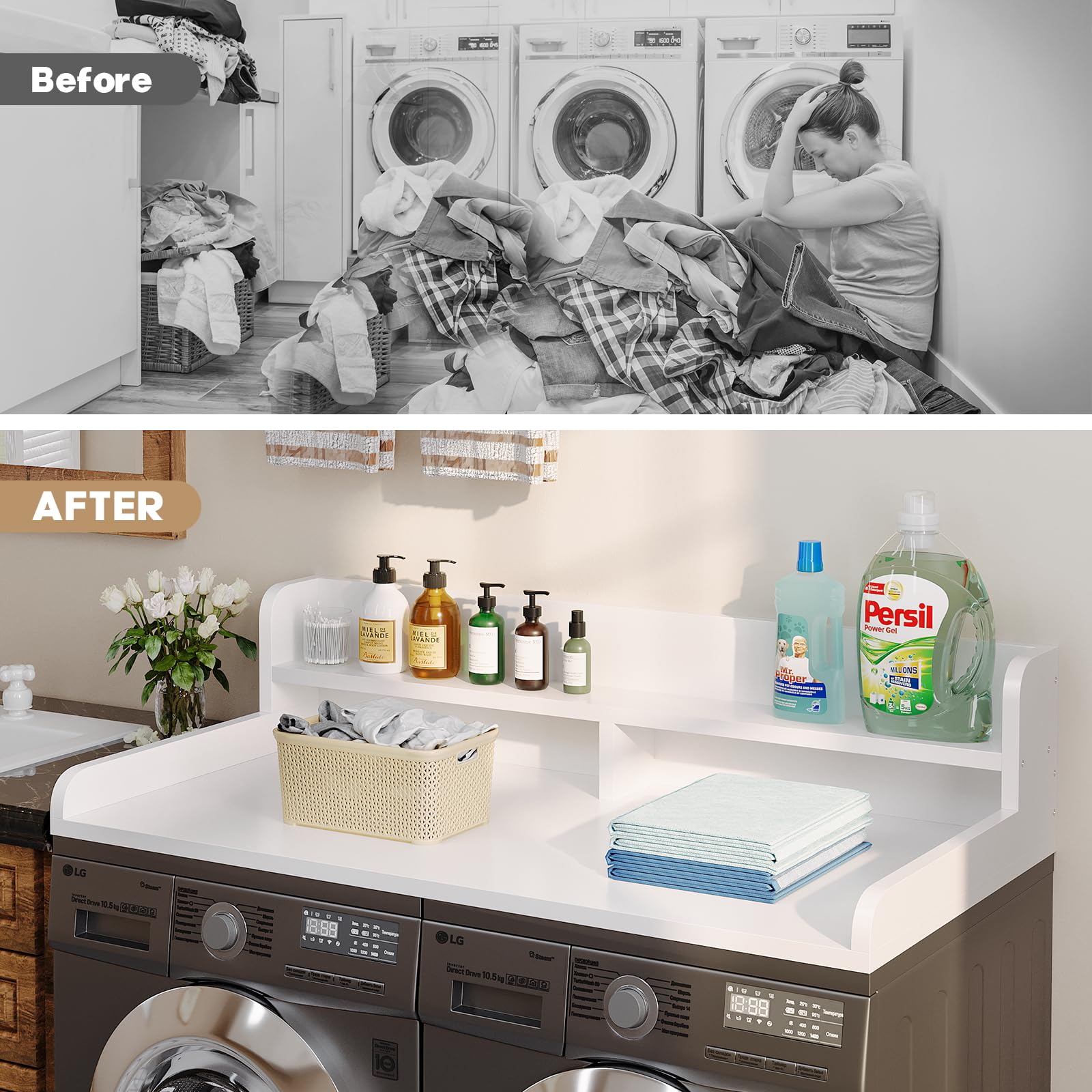 Corbyles 2-Tier Washer Dryer Countertop with 2.75"H Edge Rails, 54" W x 27.55" D Laundry Countertop for Folding Clothes, Washer and Dryer Topper with Non-Slip Pad (White)