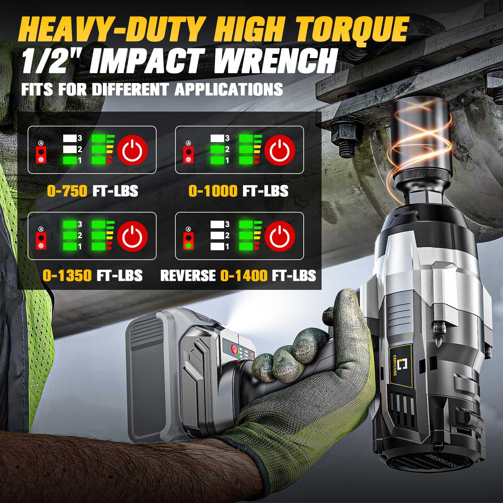 Cordless Impact Wrench 1/2 inch for Dewalt Battery: 1400FT-LBS High Torque Impact Wrench Heavy Duty Tool - Brushless Electric Impact Gun Includes LED Work Light - Bare Tool Only