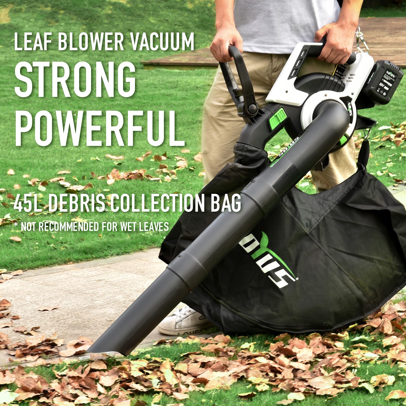 Cordless Leaf Blower&amp;Vacuum SOYUS 3in1 Leaf Vacuum Mulcher 40V 360CFM 5 Speeds Brushless Battery Operated Leaf Blower for Lawn Care with 45L Bag (2 x 4.0Ah Battery and Charger Included)