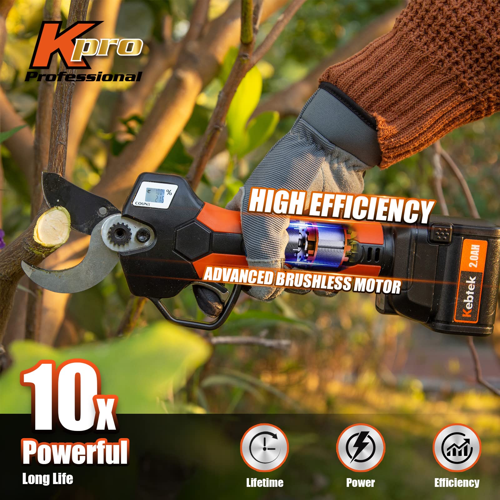 Cordless Electric Pruning Shears 40MM, Kebtek Professional Pruning Shears Battery Powered 18V Brushless Motor 2Pack 2AH Rechargeable Battery-LCD Display Screen (KT940)