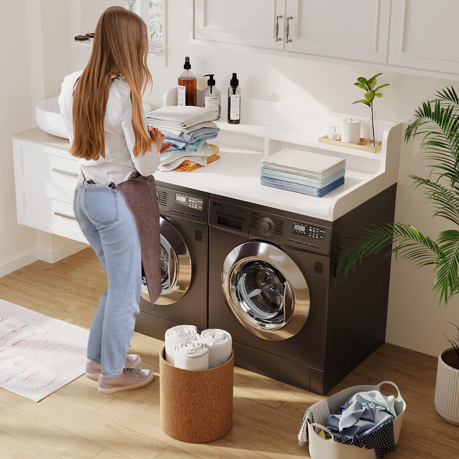Corbyles 2-Tier Washer Dryer Countertop with 2.75"H Edge Rails, 54" W x 27.55" D Laundry Countertop for Folding Clothes, Washer and Dryer Topper with Non-Slip Pad (White)