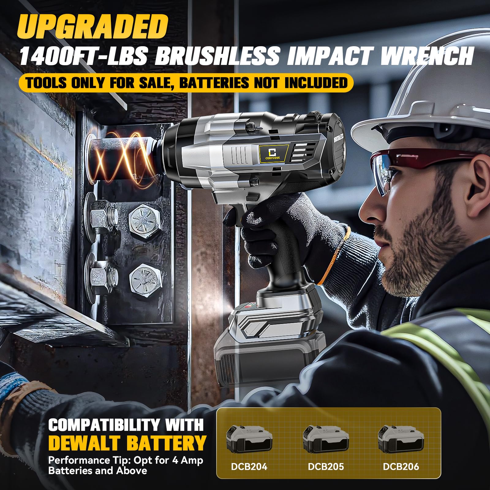 Cordless Impact Wrench 1/2 inch for Dewalt Battery: 1400FT-LBS High Torque Impact Wrench Heavy Duty Tool - Brushless Electric Impact Gun Includes LED Work Light - Bare Tool Only
