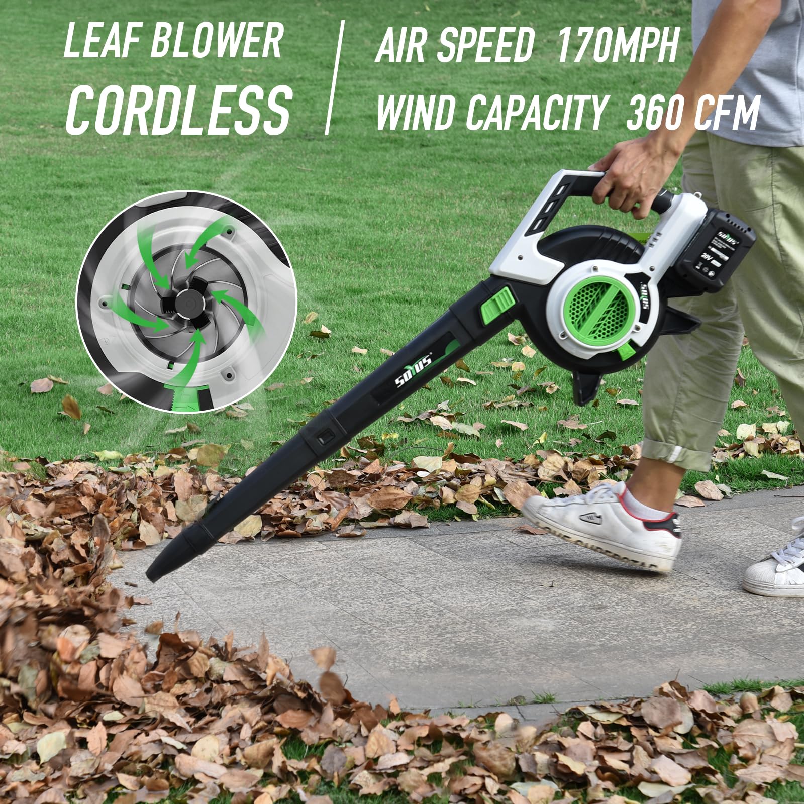 Cordless Leaf Blower&amp;Vacuum SOYUS 3in1 Leaf Vacuum Mulcher 40V 360CFM 5 Speeds Brushless Battery Operated Leaf Blower for Lawn Care with 45L Bag (2 x 4.0Ah Battery and Charger Included)