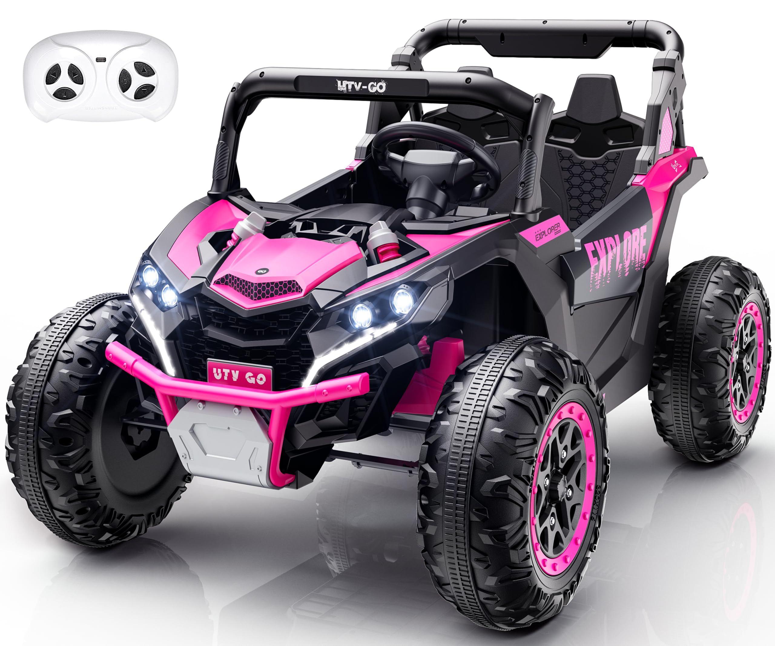 Evmore 4WD Kids Ride on Car, 24V Electric Off-Road UTV Truck, 20" Spacious 2 Seat, 7Ah Large Battery Electric Car with Remote Control, Safety Belt, Horn, Music, and Lights for Kids Aged 3-8 Years Pink