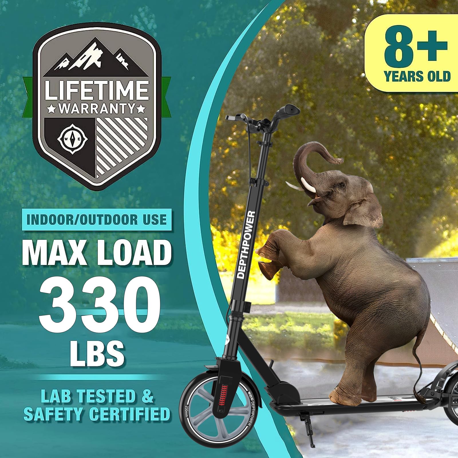 CUIOT Kick Scooter for Ages 6+, Kids, Teens &amp; Adults - Max Load 300 LBS, Foldable 9-inch Big Wheels Scooters with Kickstand, 5 Adjustable Levels &amp; Dual Brakes, Triple Suspension, Steering Limit,B