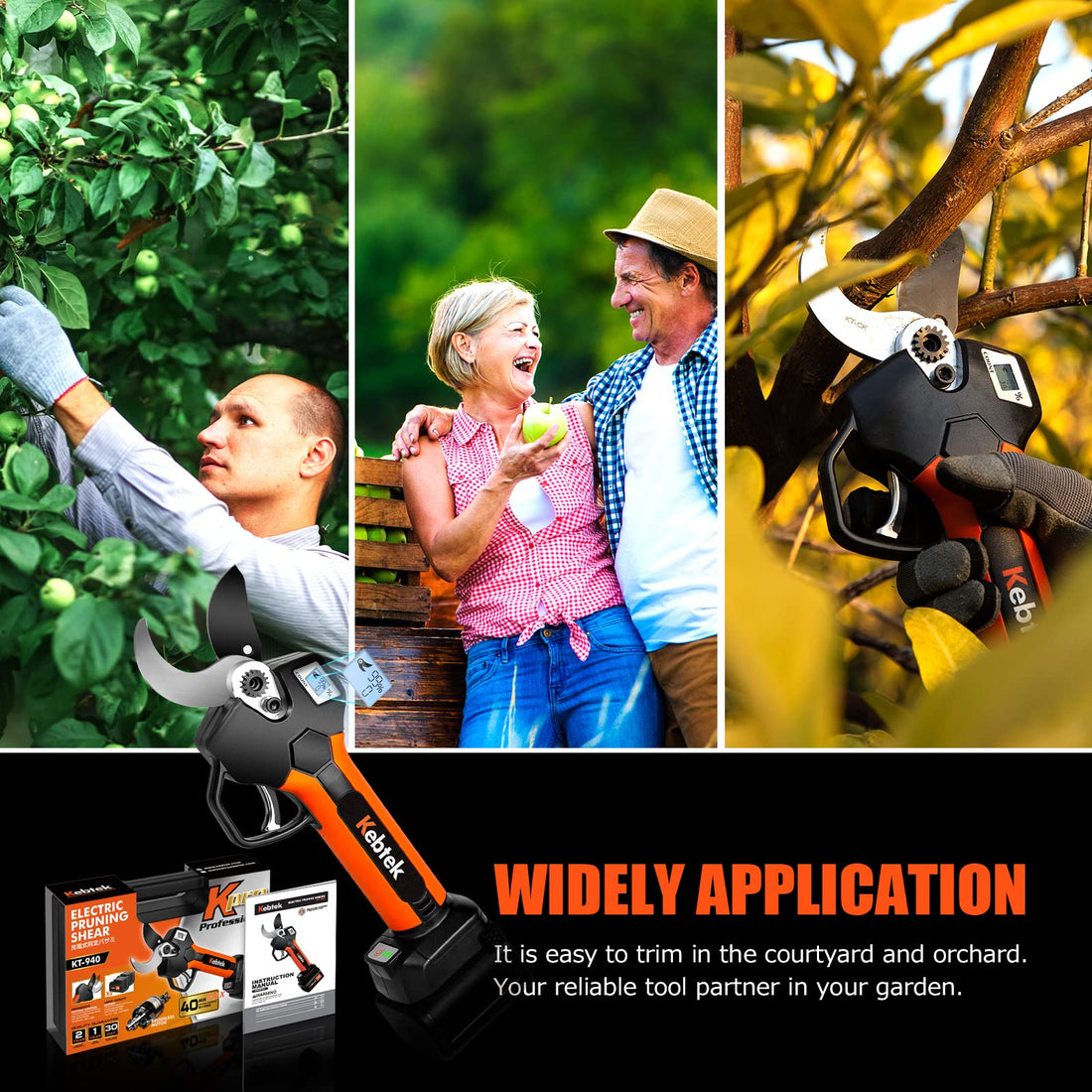 Cordless Electric Pruning Shears 40MM, Kebtek Professional Pruning Shears Battery Powered 18V Brushless Motor 2Pack 2AH Rechargeable Battery-LCD Display Screen (KT940)