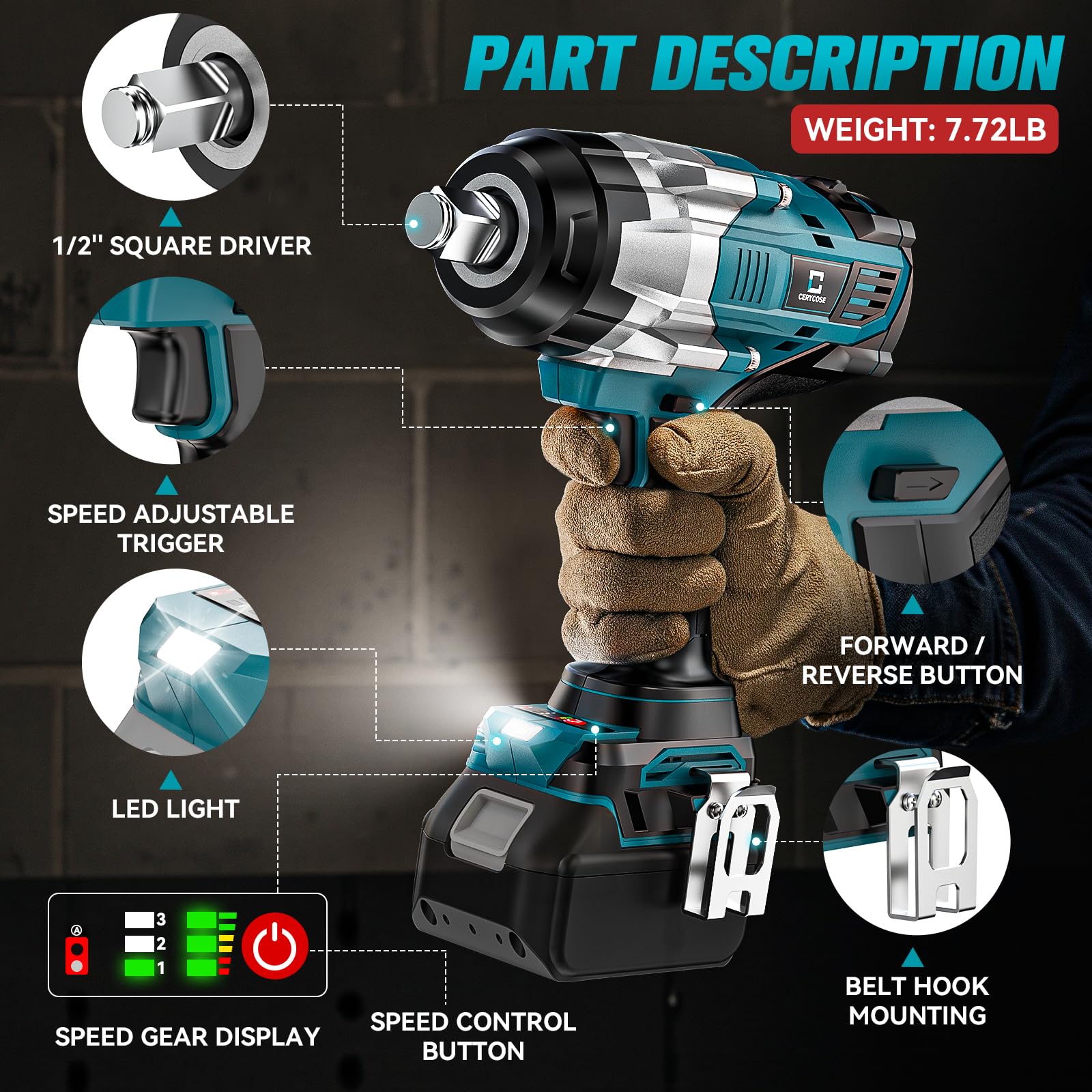 Cordless Impact Wrench 1/2 inch for Makita Battery: 1400FT-LBS High Torque Impact Wrench Heavy Duty Tool - Brushless Electric Impact Gun Includes LED Work Light - Bare Tool Only - No Battery