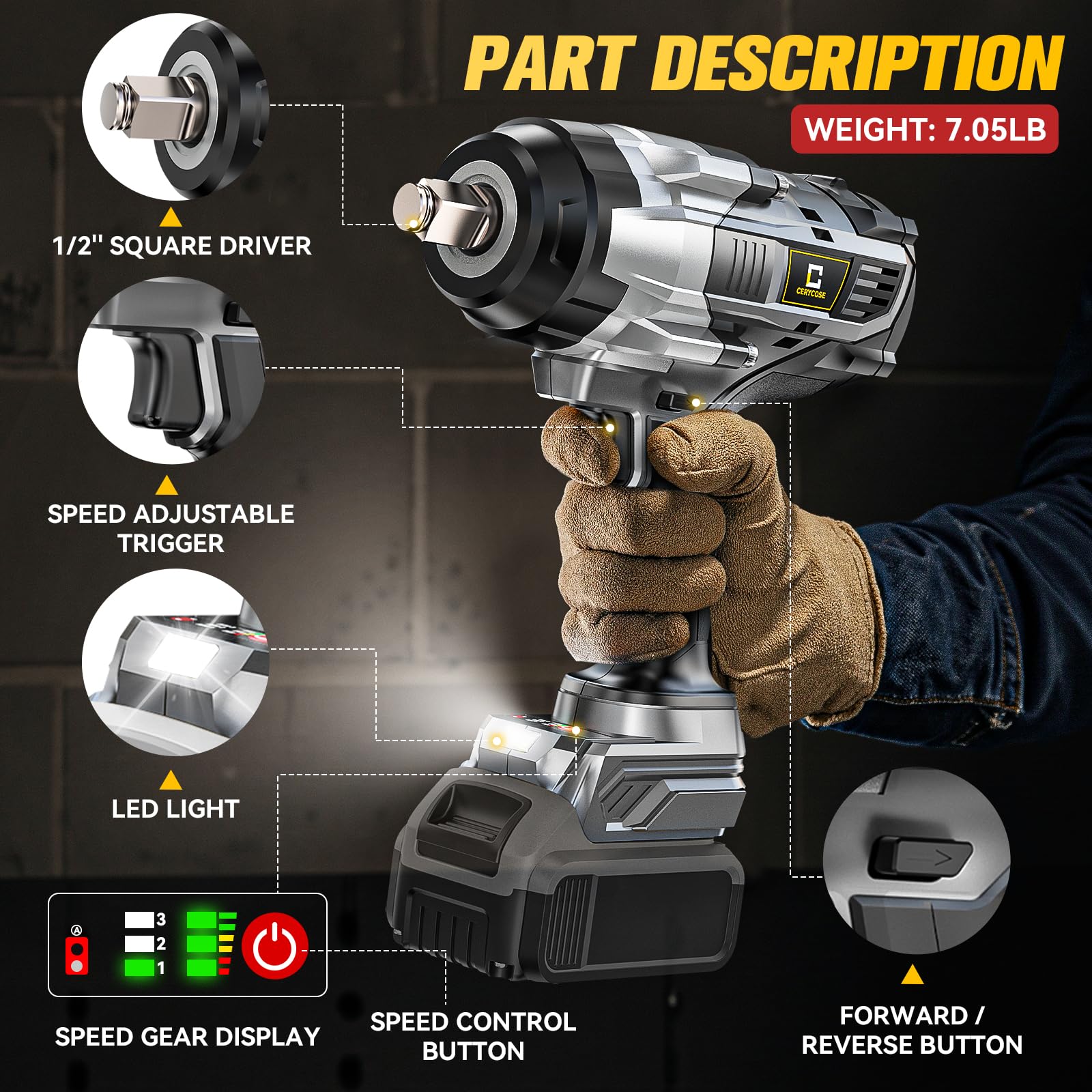 Cordless Impact Wrench 1/2 inch for Dewalt Battery: 1400FT-LBS High Torque Impact Wrench Heavy Duty Tool - Brushless Electric Impact Gun Includes LED Work Light - Bare Tool Only
