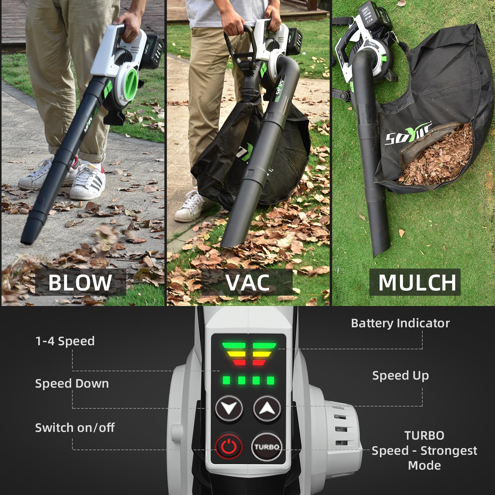 Cordless Leaf Blower&amp;Vacuum SOYUS 3in1 Leaf Vacuum Mulcher 40V 360CFM 5 Speeds Brushless Battery Operated Leaf Blower for Lawn Care with 45L Bag (2 x 4.0Ah Battery and Charger Included)