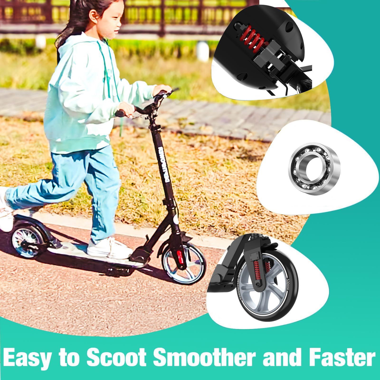 CUIOT Kick Scooter for Ages 6+, Kids, Teens &amp; Adults - Max Load 300 LBS, Foldable 9-inch Big Wheels Scooters with Kickstand, 5 Adjustable Levels &amp; Dual Brakes, Triple Suspension, Steering Limit,B